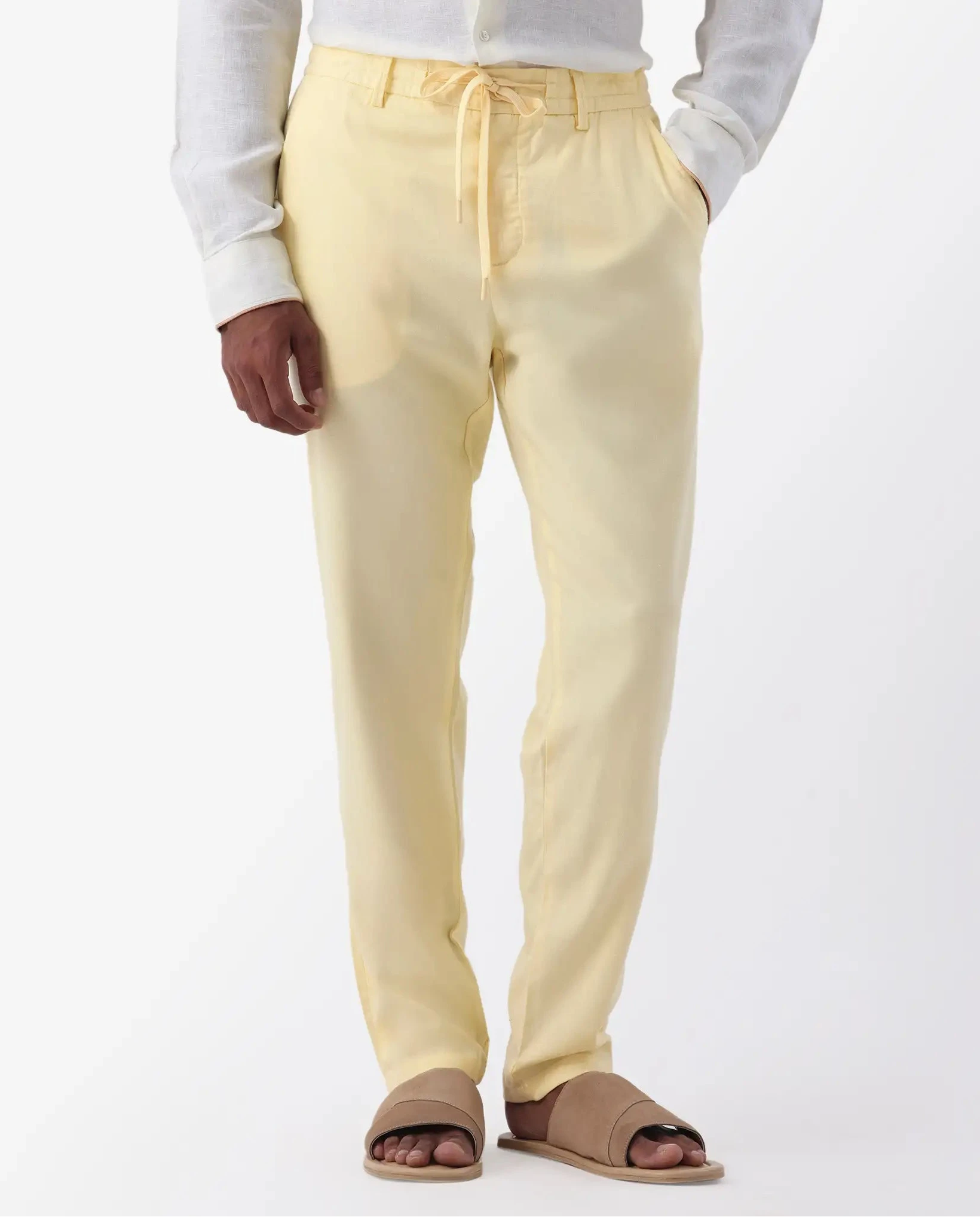 Rare Rabbit Men's Reric Pastel Yellow Linen Blend Plain Regular Fit Trouser