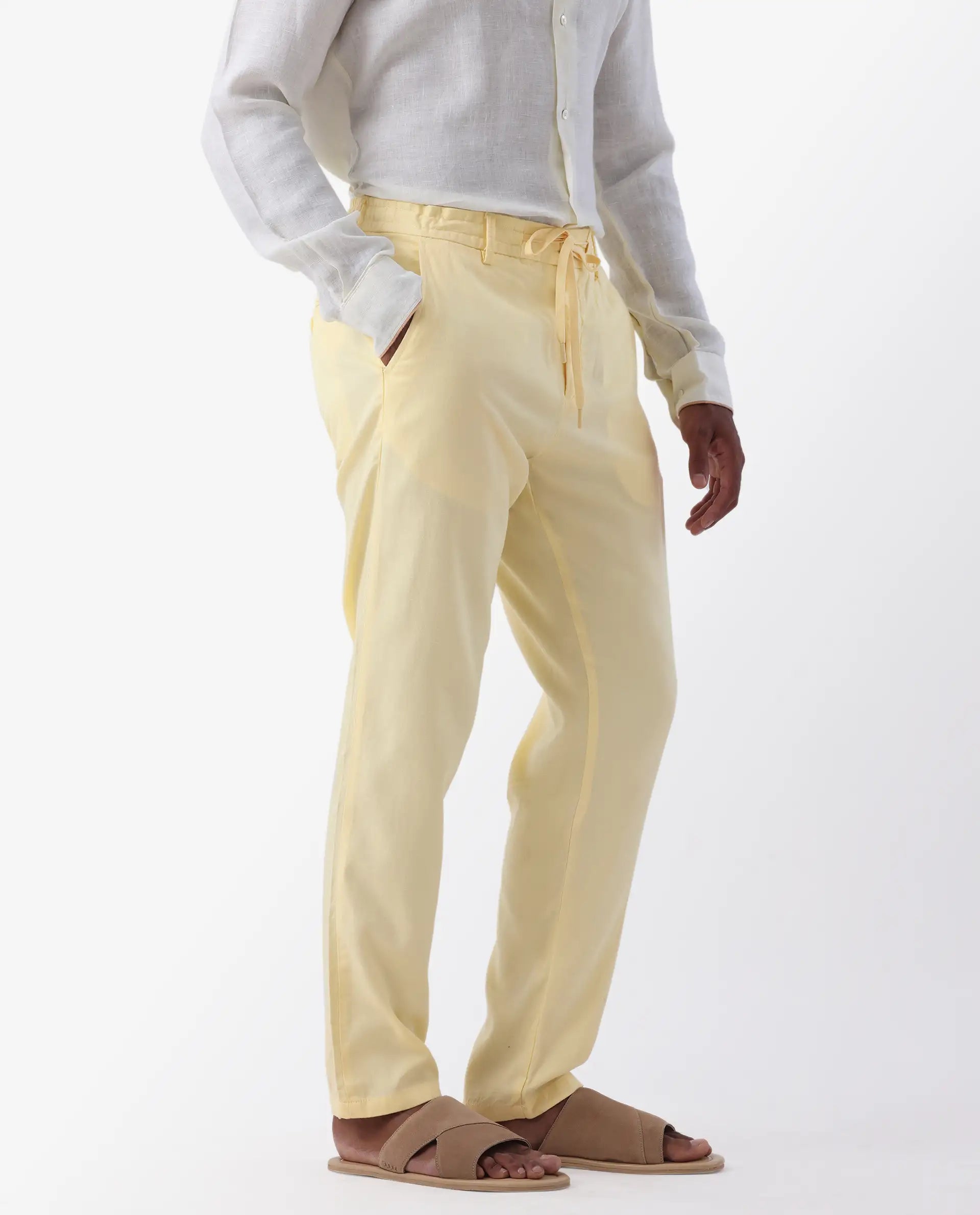 Rare Rabbit Men's Reric Pastel Yellow Linen Blend Plain Regular Fit Trouser
