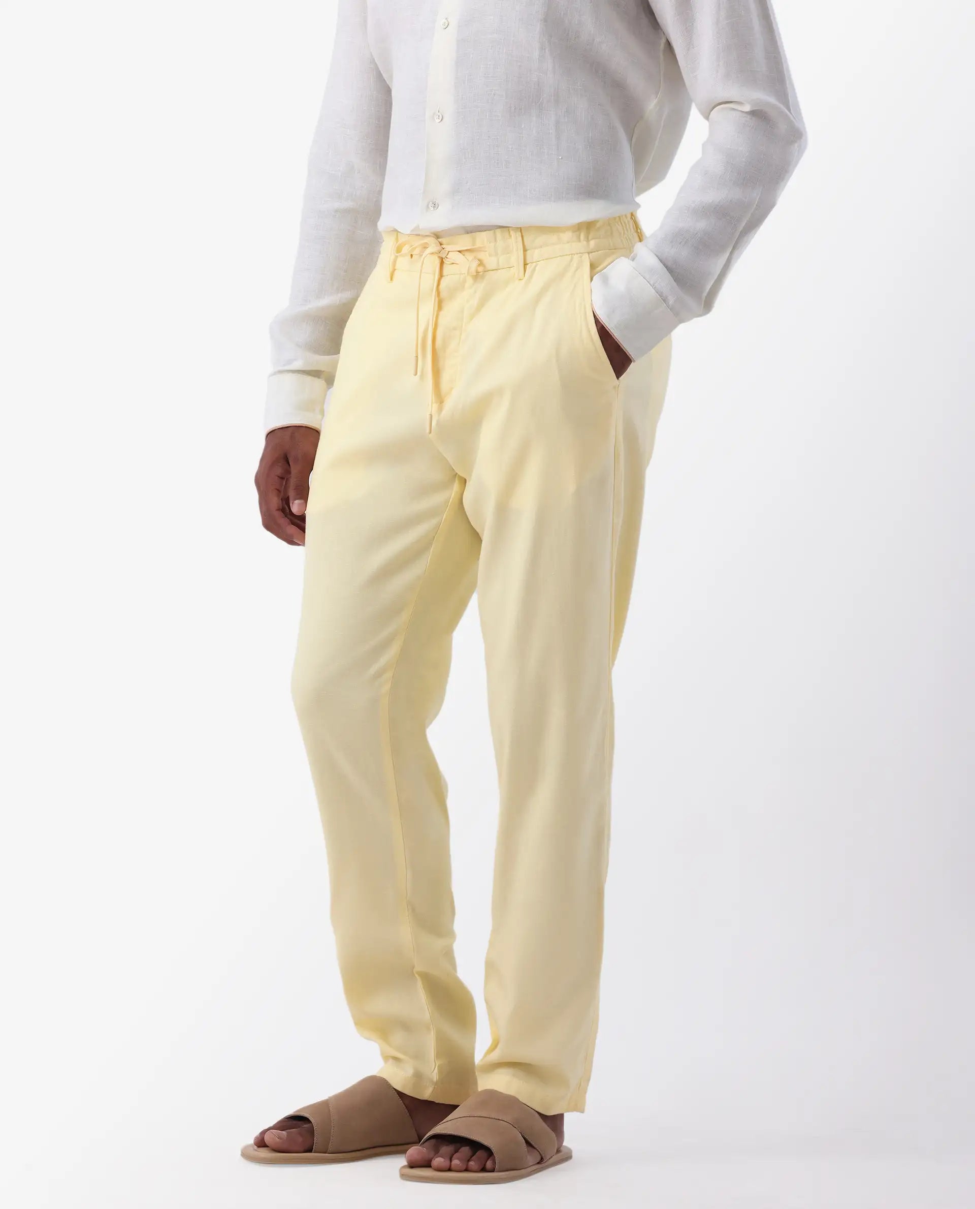 Rare Rabbit Men's Reric Pastel Yellow Linen Blend Plain Regular Fit Trouser