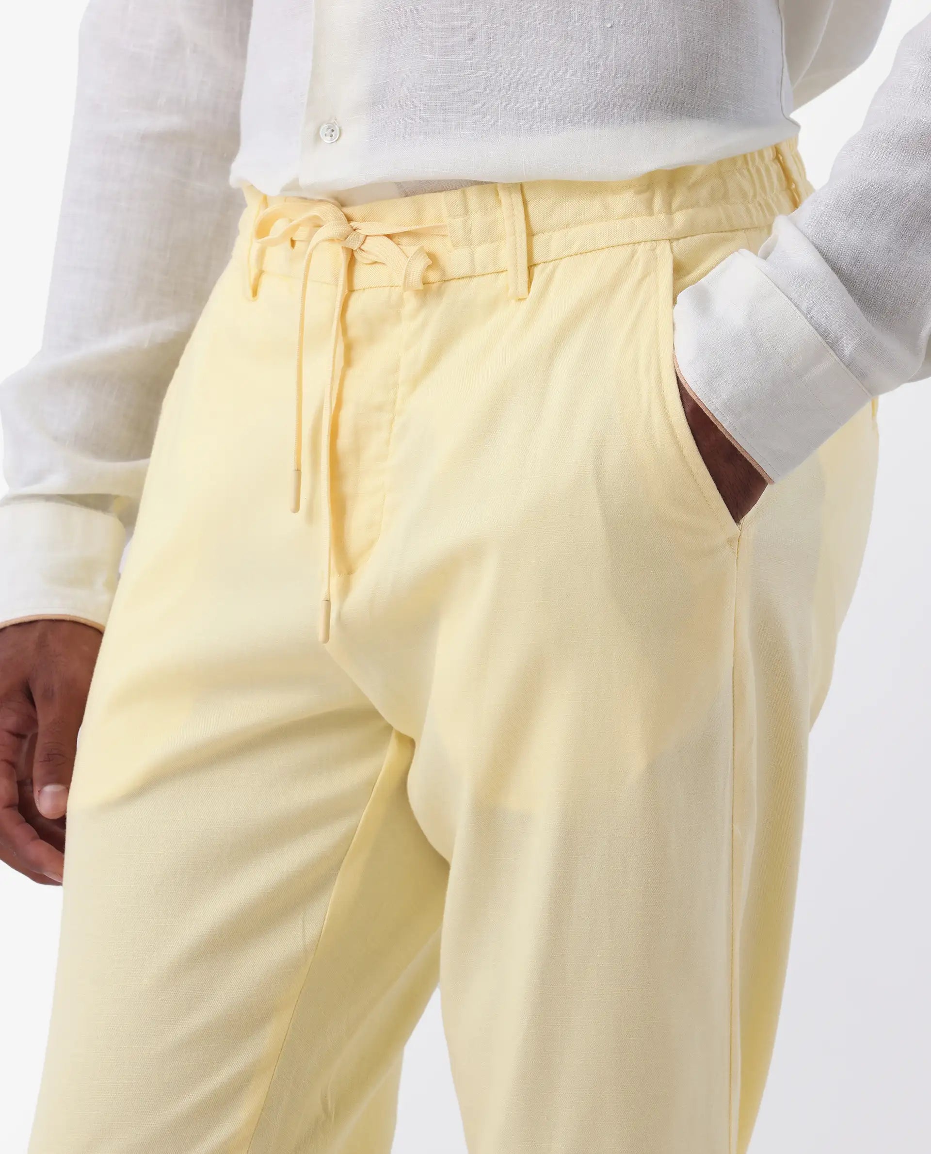 Rare Rabbit Men's Reric Pastel Yellow Linen Blend Plain Regular Fit Trouser