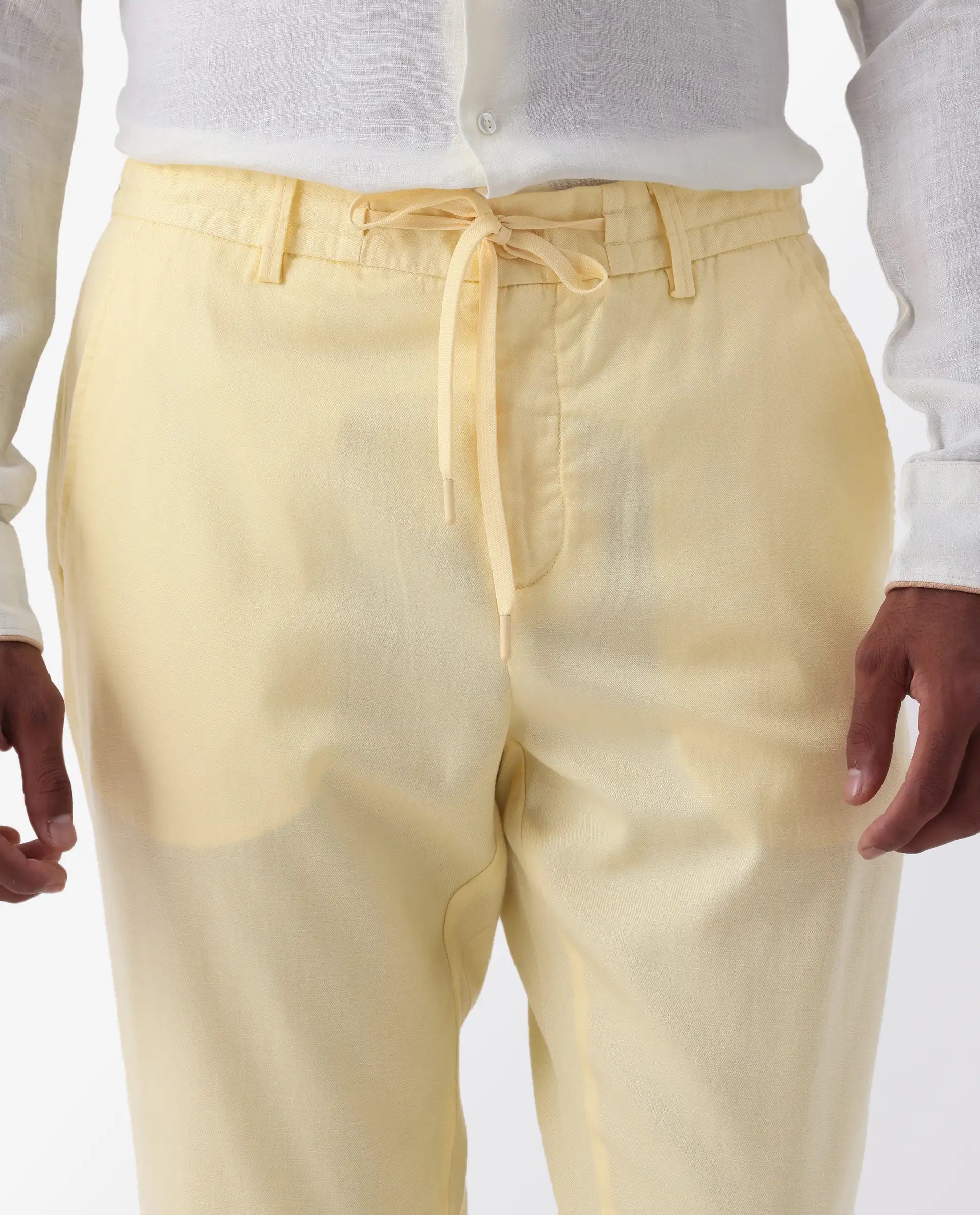 Rare Rabbit Men's Reric Pastel Yellow Linen Blend Plain Regular Fit Trouser