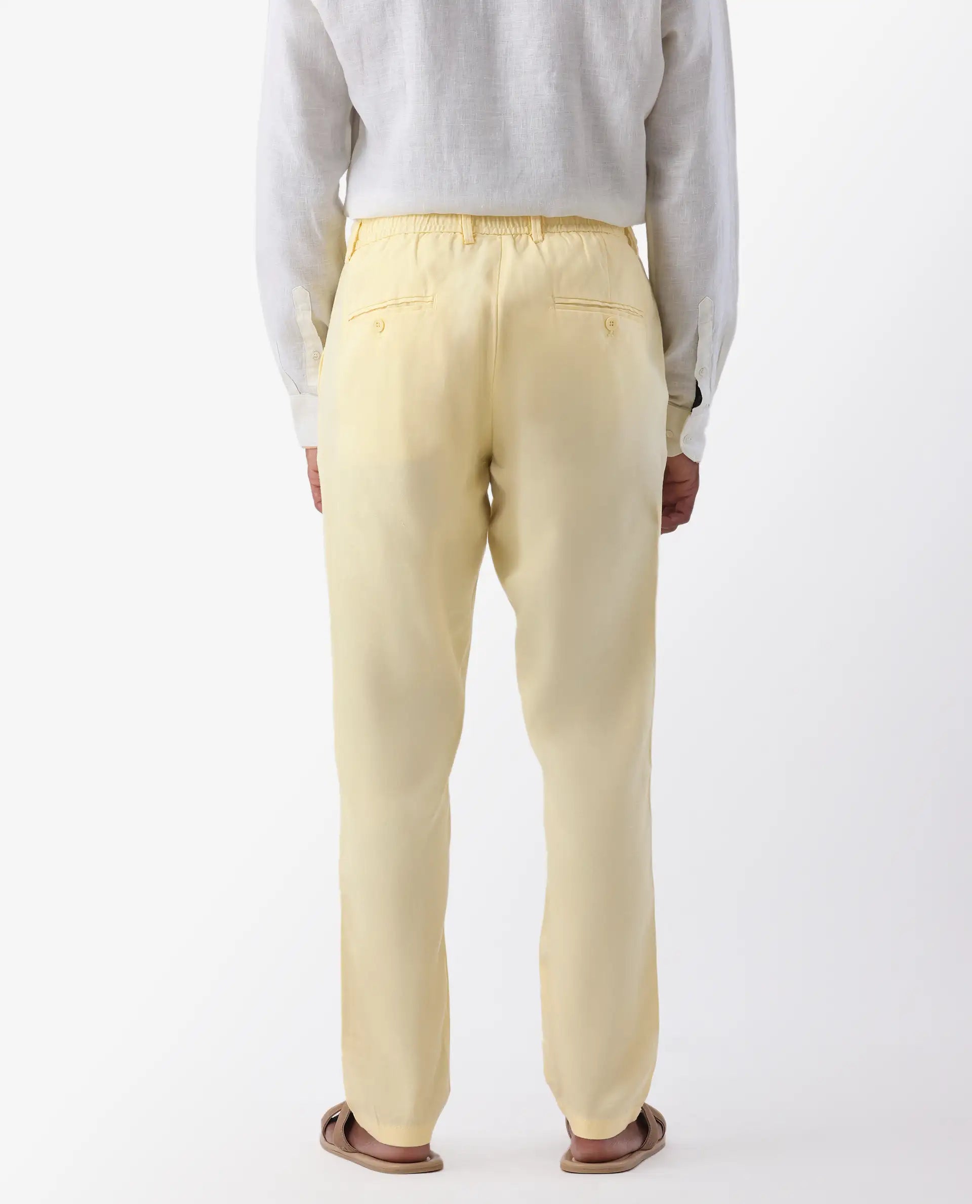 Rare Rabbit Men's Reric Pastel Yellow Linen Blend Plain Regular Fit Trouser
