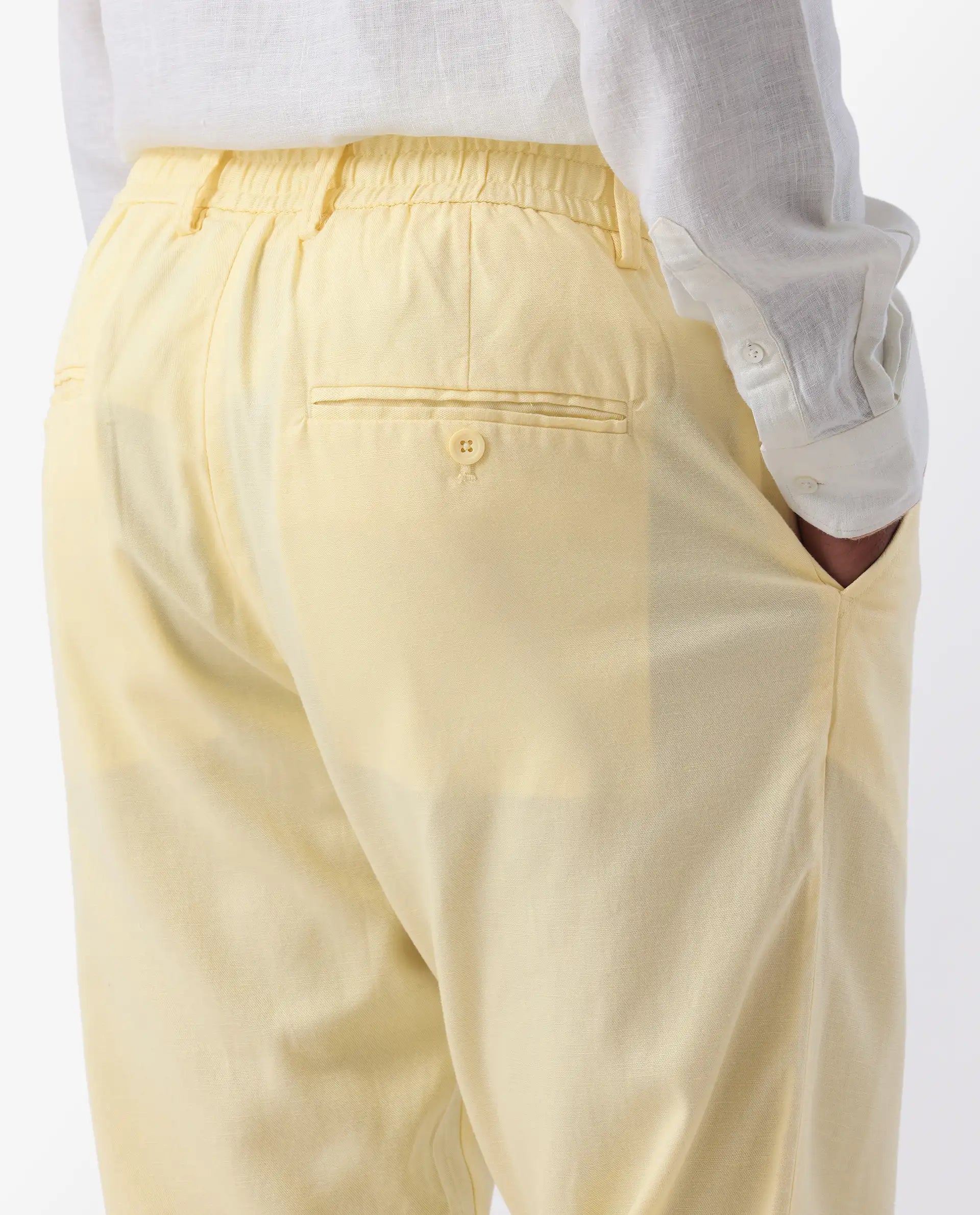 Rare Rabbit Men's Reric Pastel Yellow Linen Blend Plain Regular Fit Trouser
