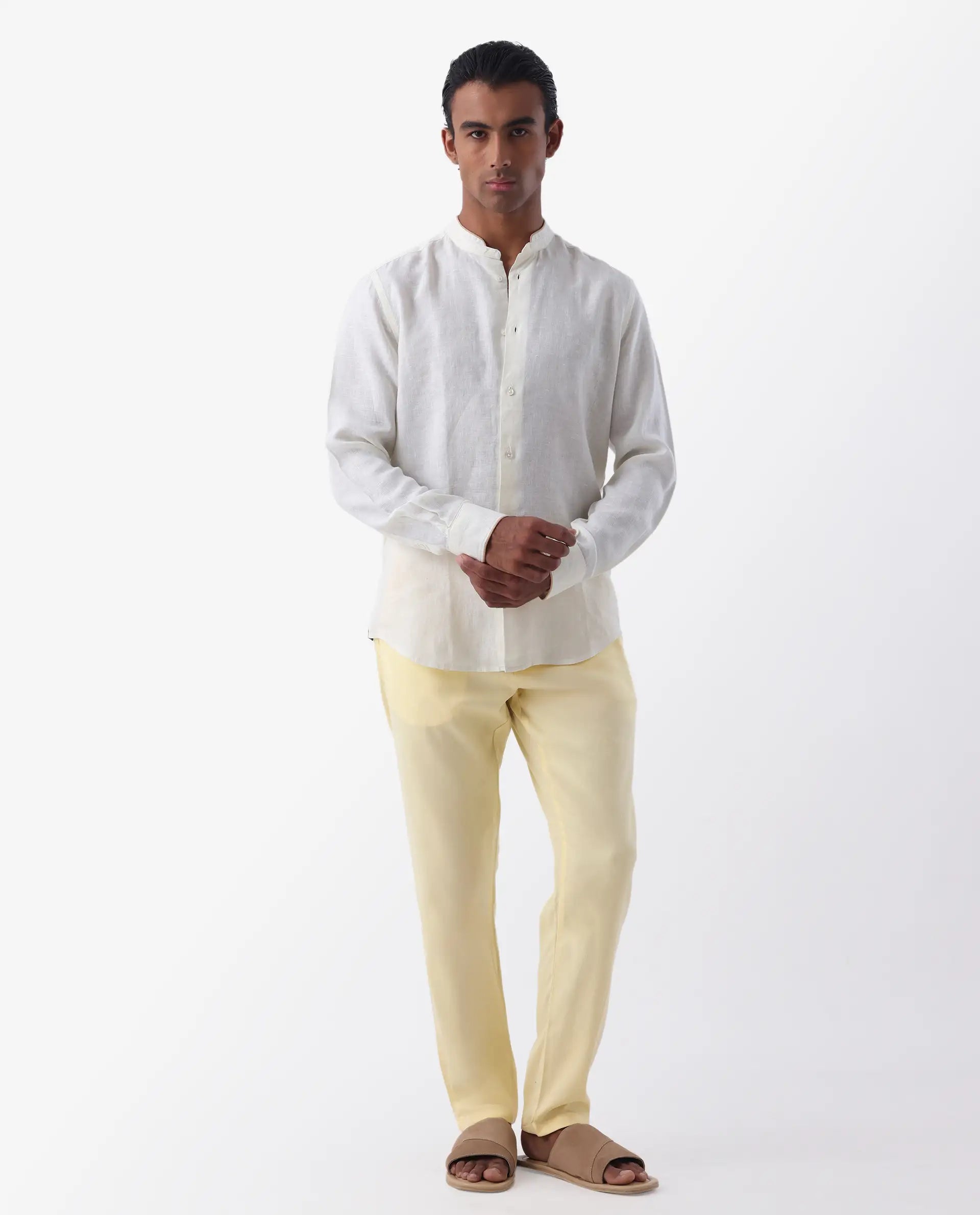 Rare Rabbit Men's Reric Pastel Yellow Linen Blend Plain Regular Fit Trouser