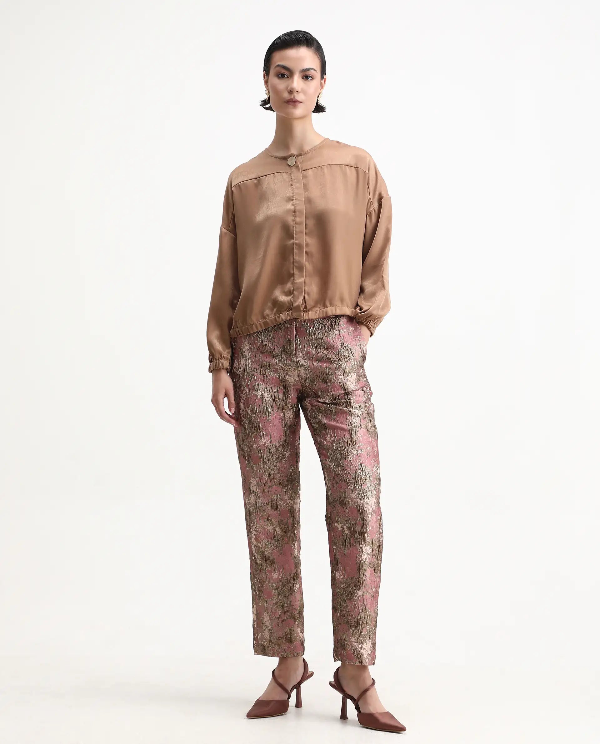 Rareism Women's Reshap-B Pink Poly Blend Tapered Ankle Length Jacquard Trouser