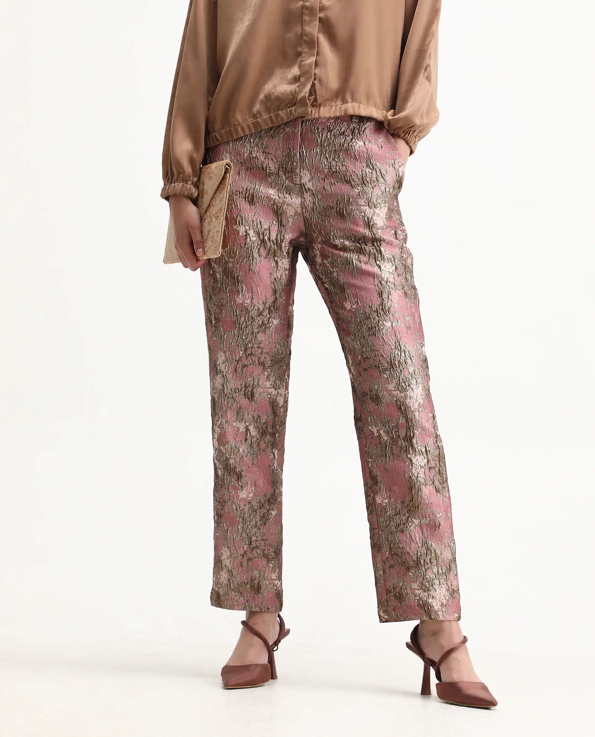 Rareism Women's Reshap-B Pink Poly Blend Tapered Ankle Length Jacquard Trouser