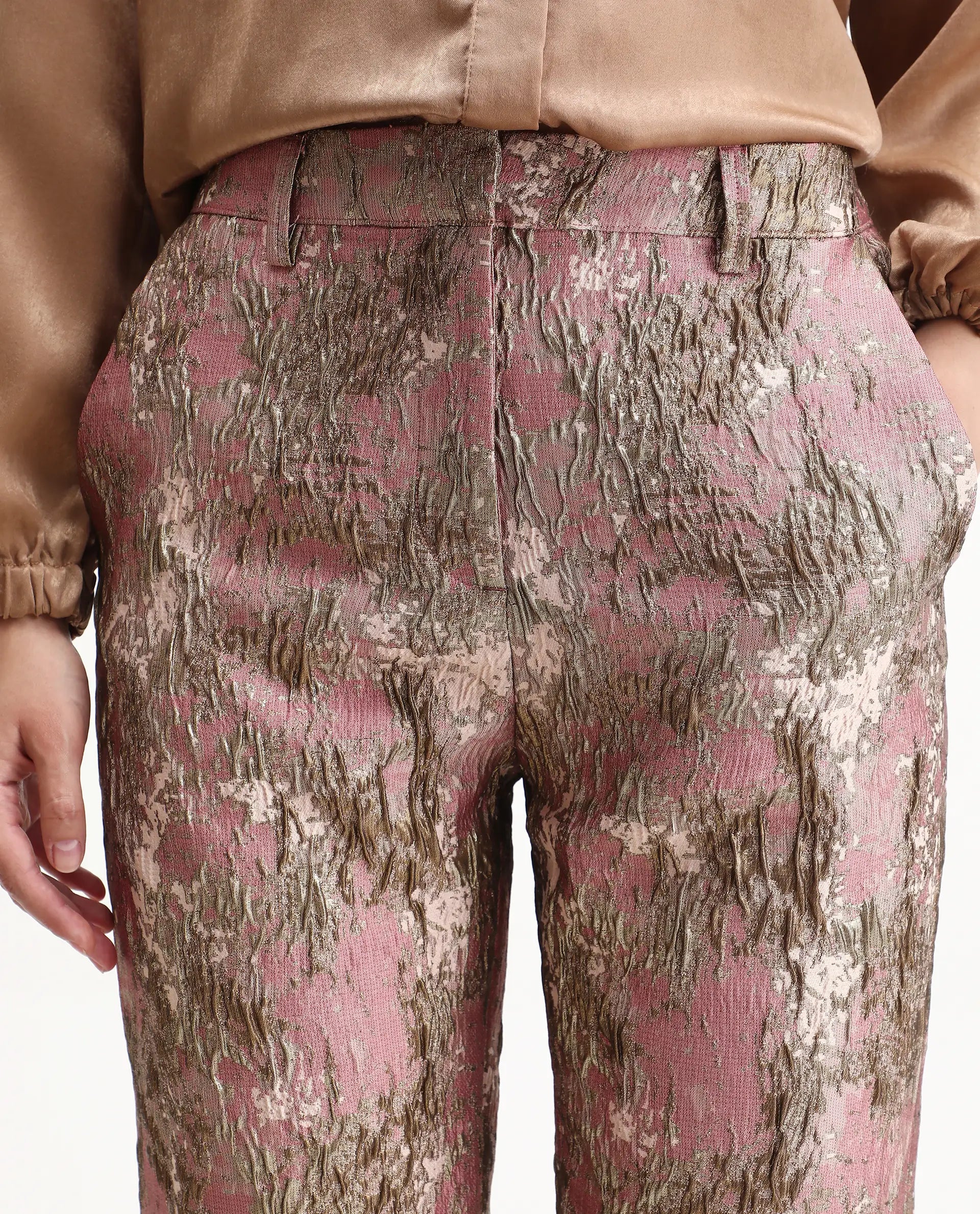 Rareism Women's Reshap-B Pink Poly Blend Tapered Ankle Length Jacquard Trouser