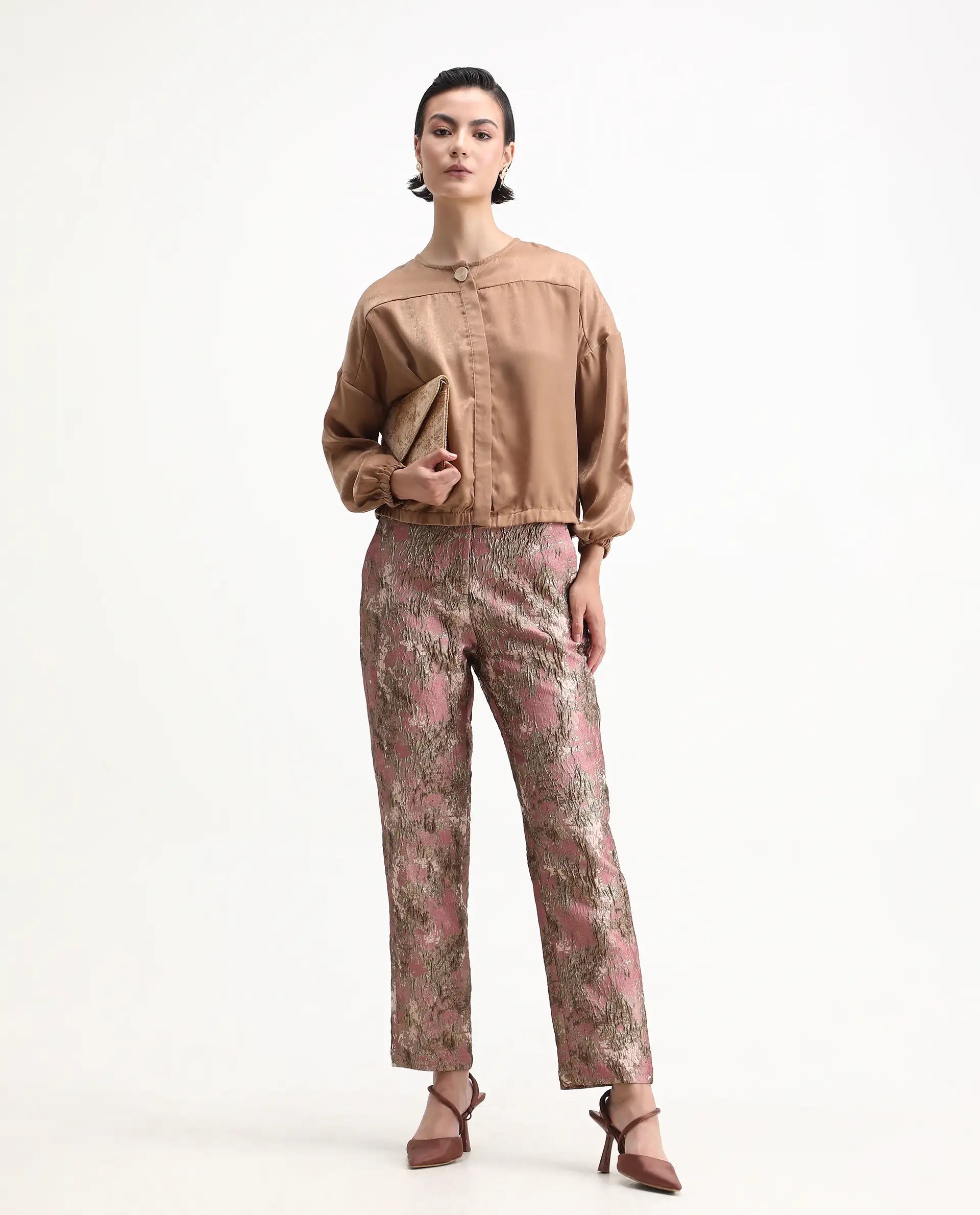 Rareism Women's Reshap-B Pink Poly Blend Tapered Ankle Length Jacquard Trouser