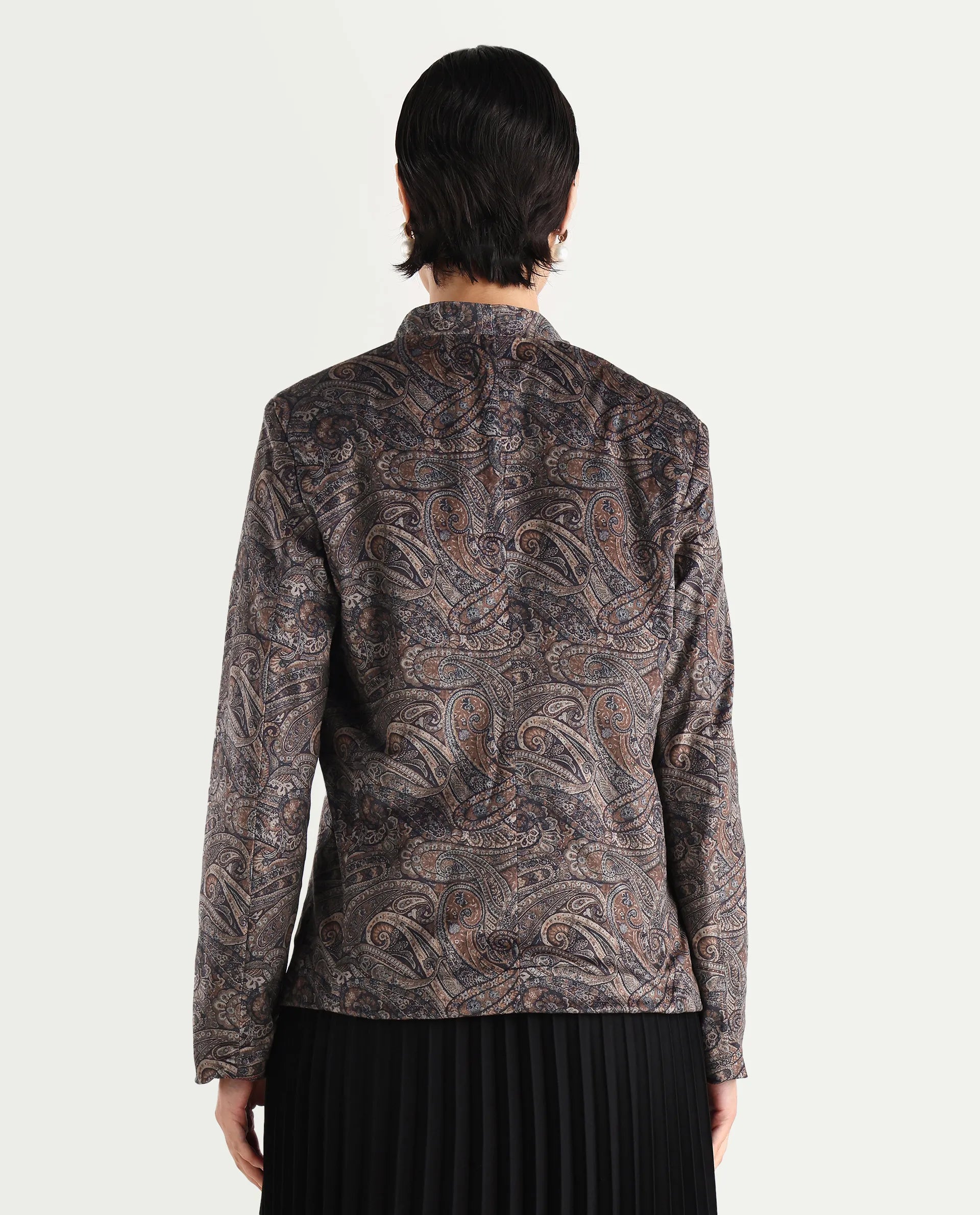 Rareism Women's Resko Multi Velvet Collarless Paisley Print Regular Fit Jacket