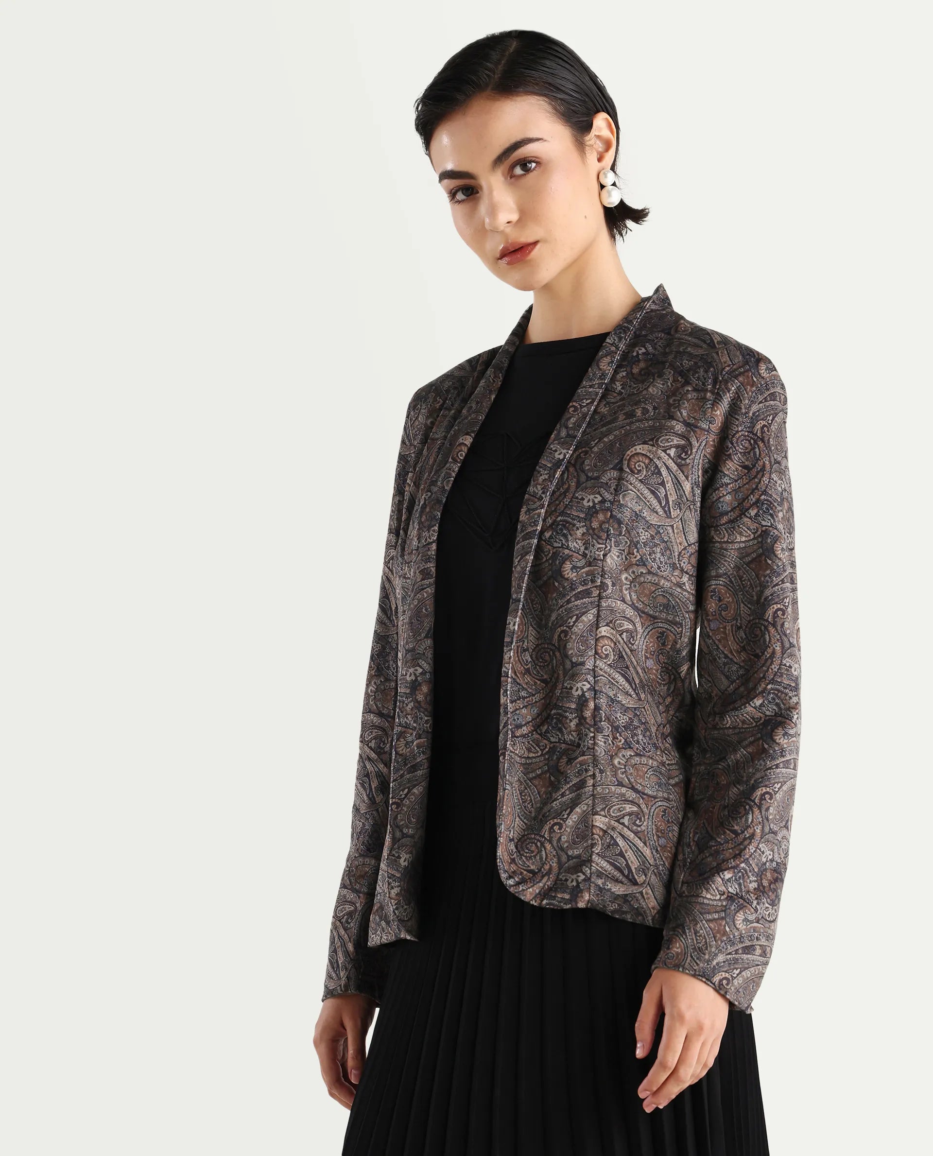Rareism Women's Resko Multi Velvet Collarless Paisley Print Regular Fit Jacket