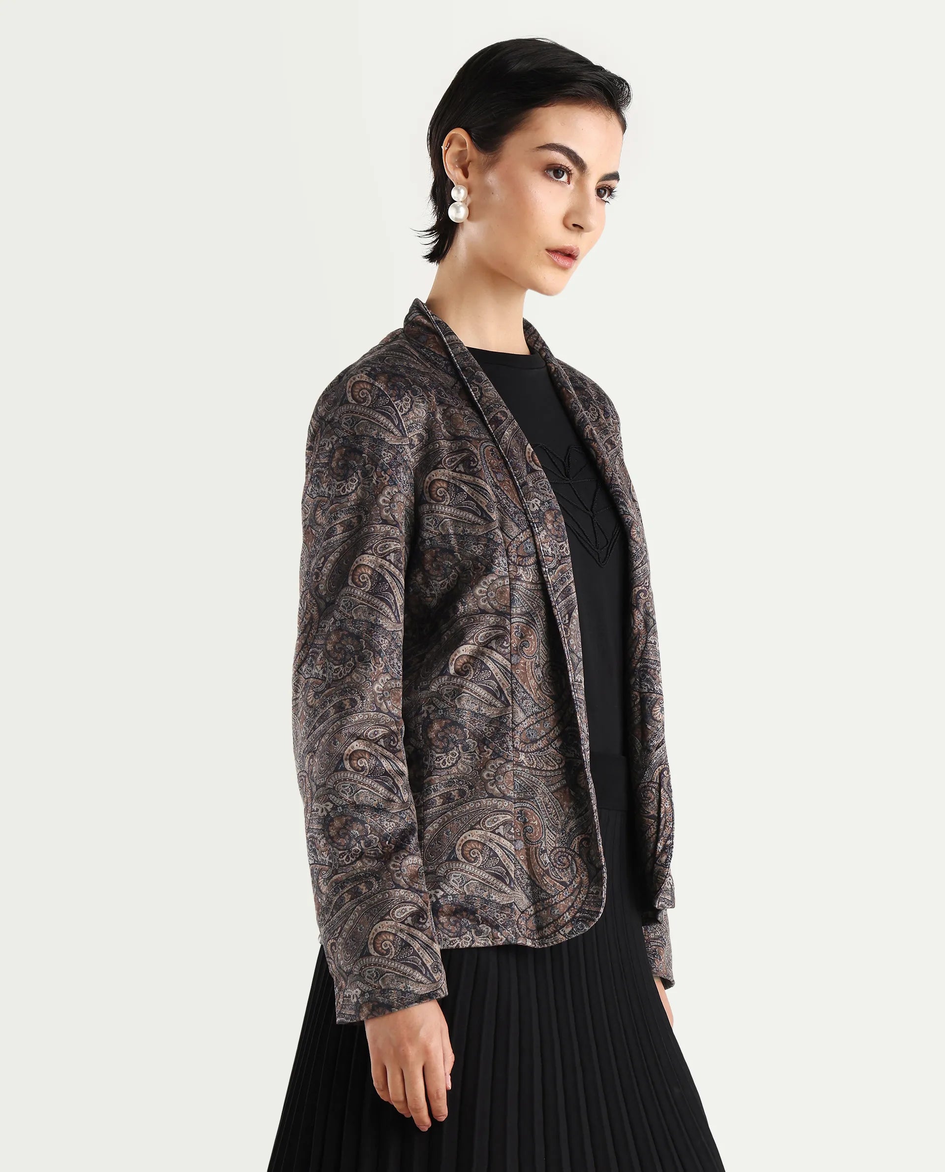 Rareism Women's Resko Multi Velvet Collarless Paisley Print Regular Fit Jacket