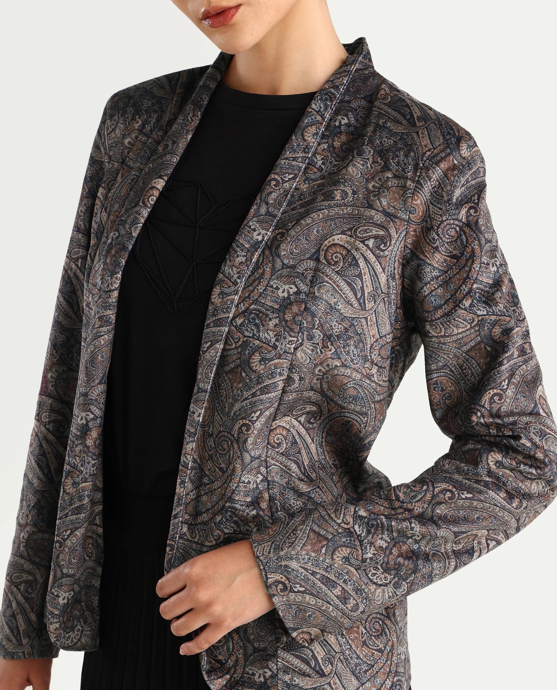 Rareism Women's Resko Multi Velvet Collarless Paisley Print Regular Fit Jacket