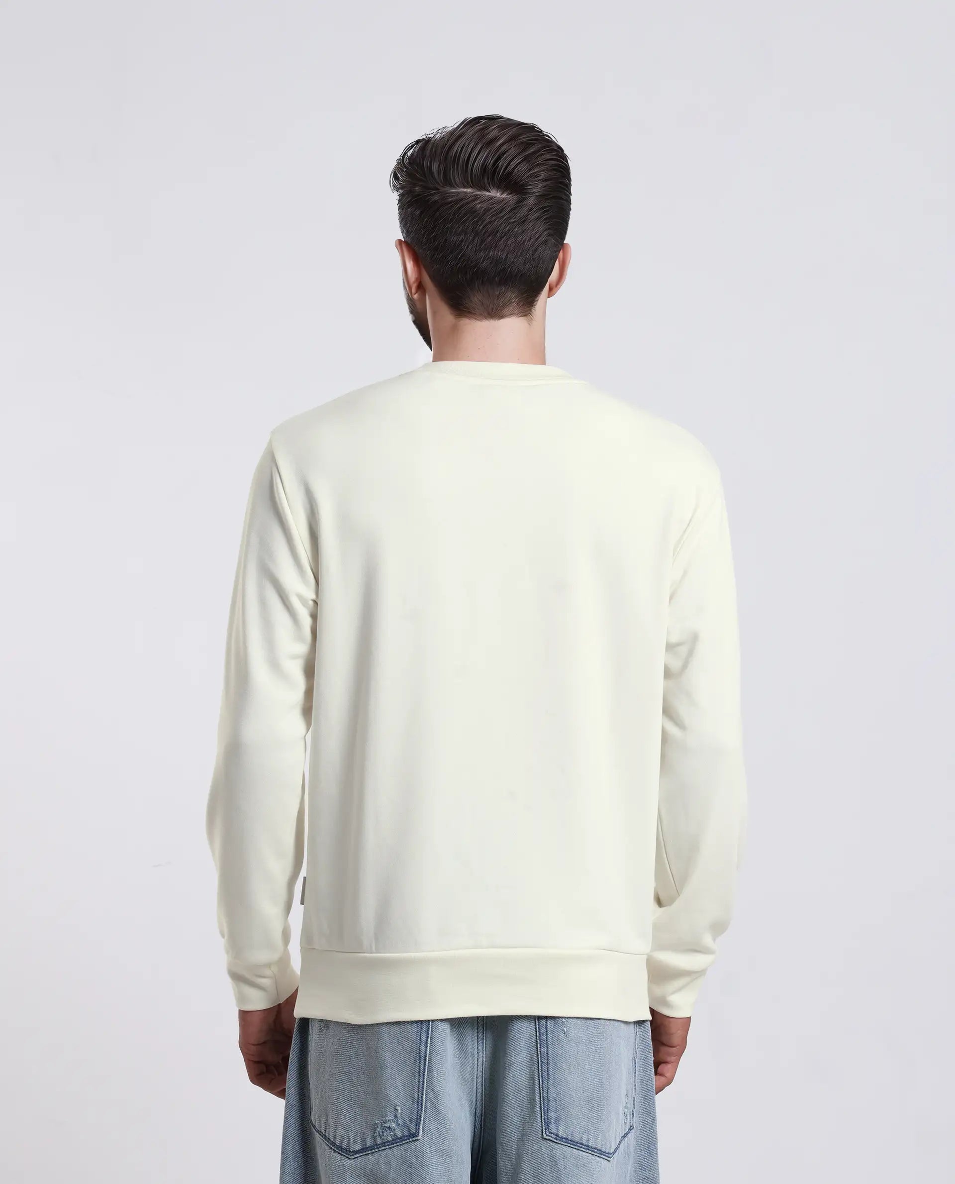 Rare Rabbit Men's Reso Off White Cotton Blend Typography Print Regular Fit Full Sleeve Crew Neck Sweatshirt