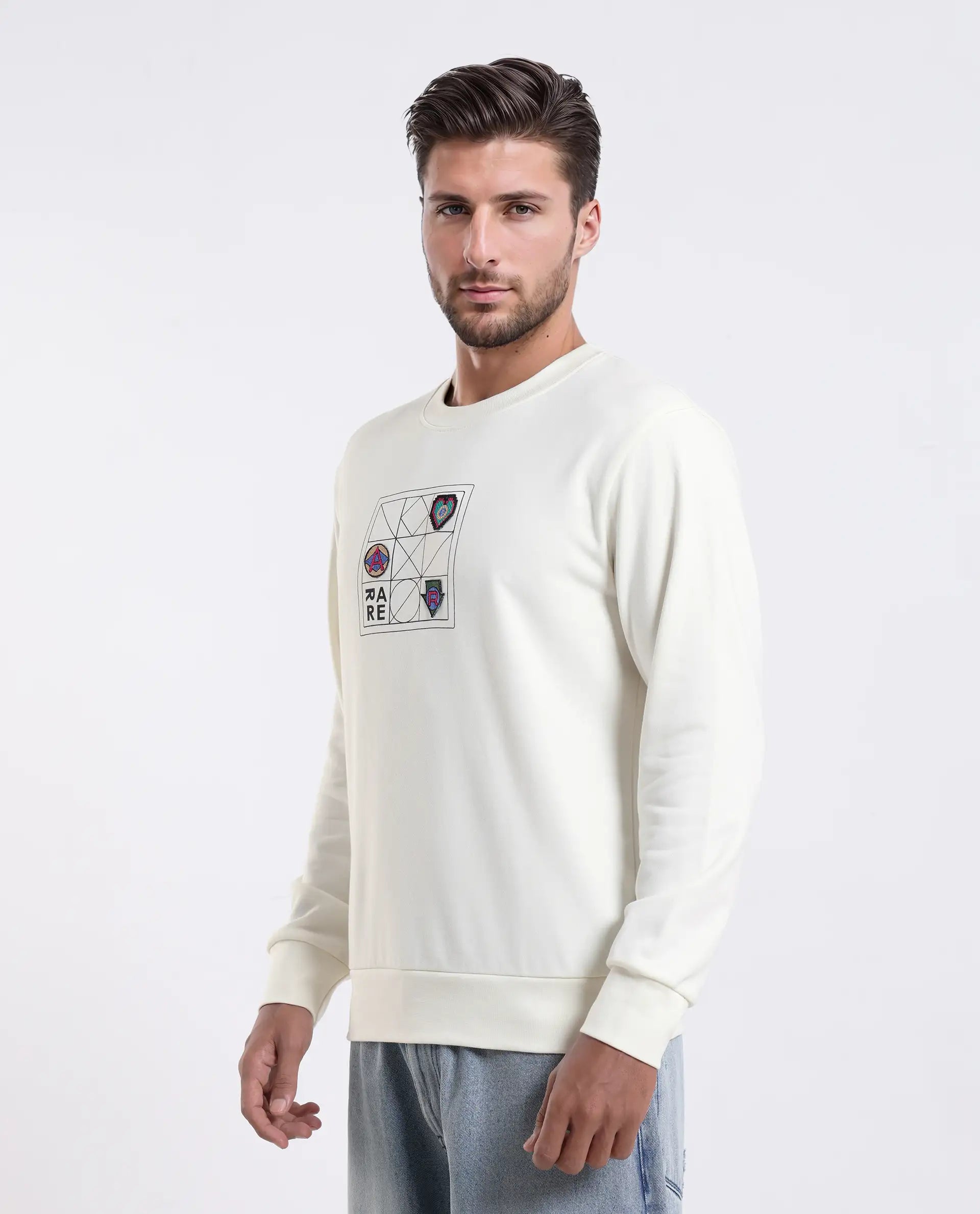 Rare Rabbit Men's Reso Off White Cotton Blend Typography Print Regular Fit Full Sleeve Crew Neck Sweatshirt