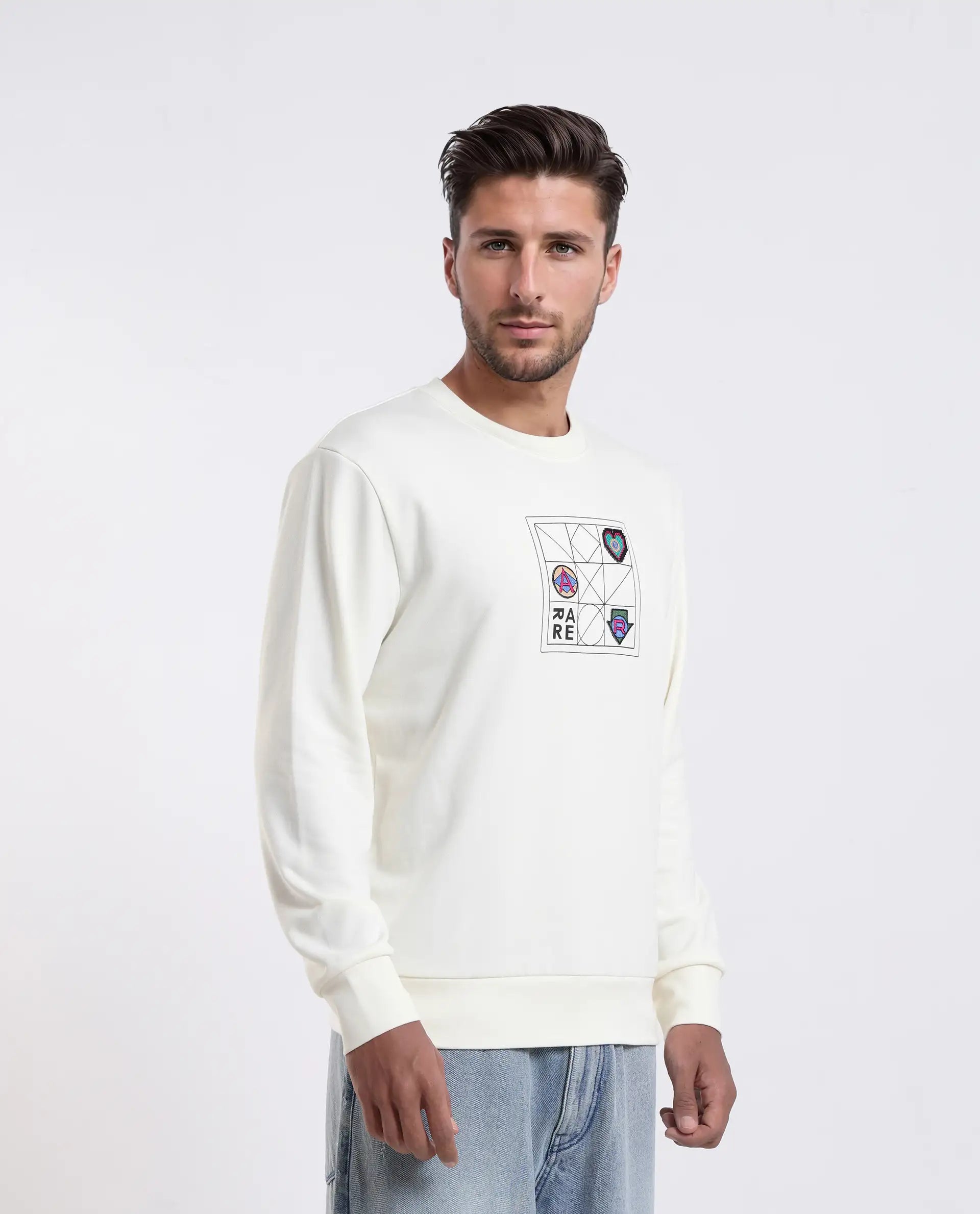 Rare Rabbit Men's Reso Off White Cotton Blend Typography Print Regular Fit Full Sleeve Crew Neck Sweatshirt