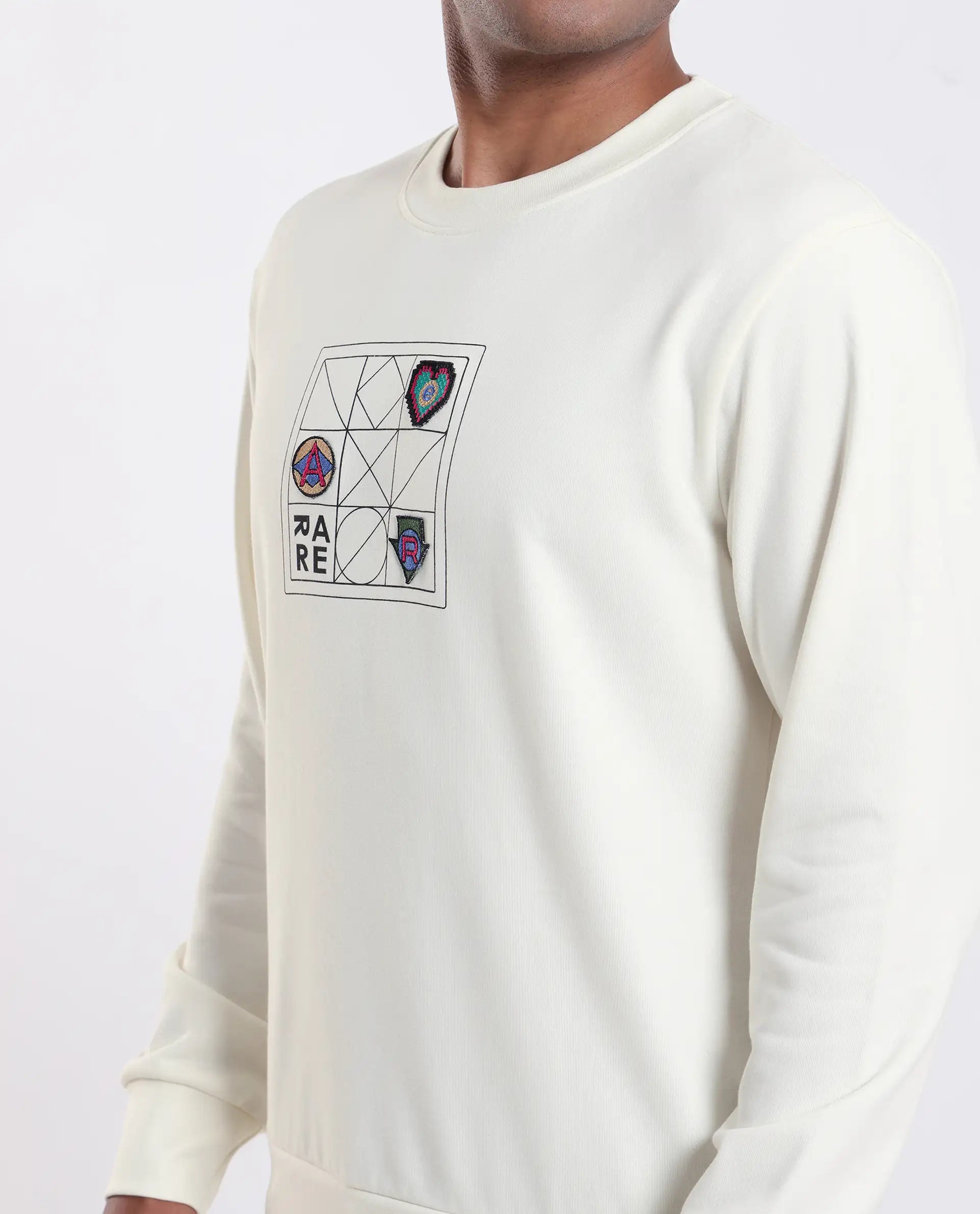 Rare Rabbit Men's Reso Off White Cotton Blend Typography Print Regular Fit Full Sleeve Crew Neck Sweatshirt