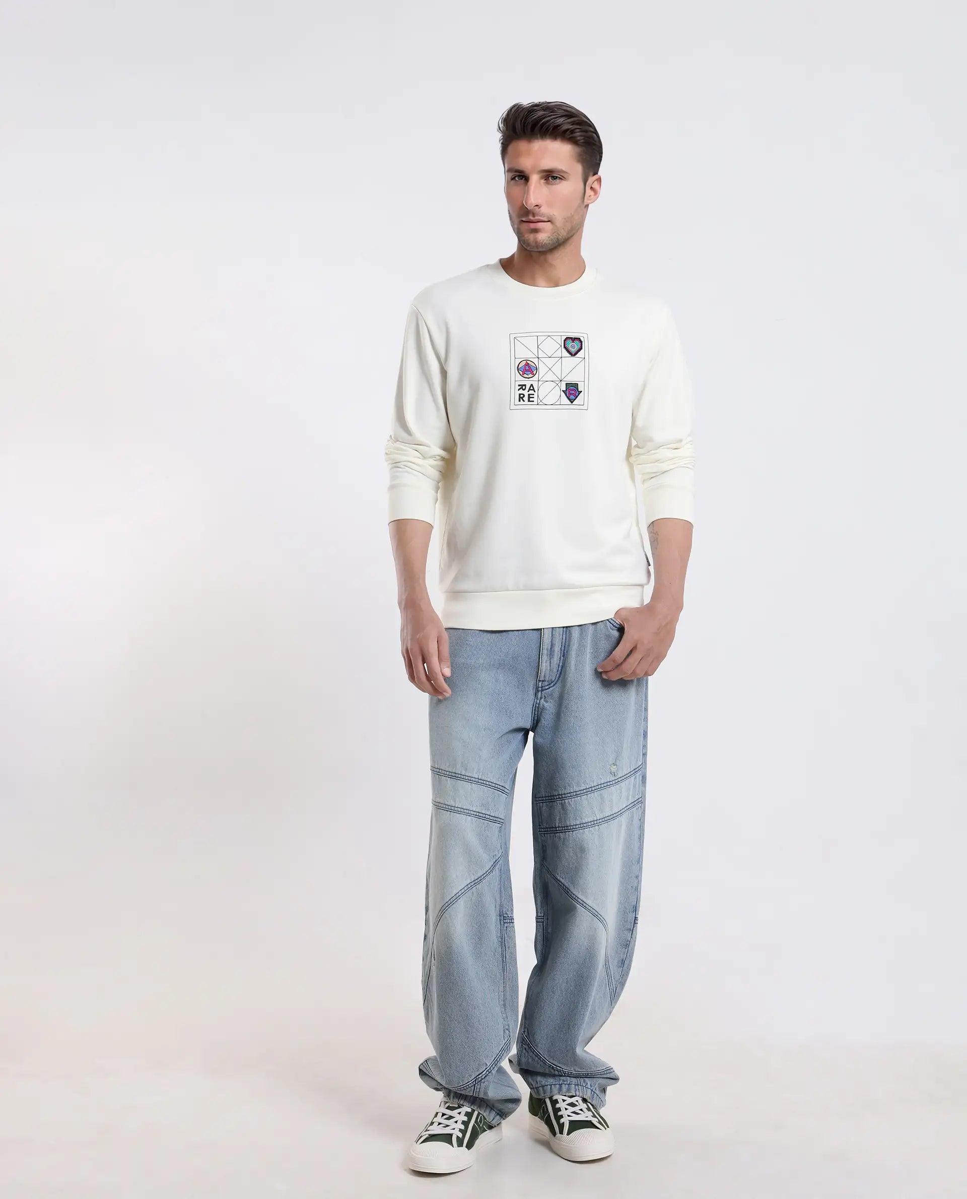 Rare Rabbit Men's Reso Off White Cotton Blend Typography Print Regular Fit Full Sleeve Crew Neck Sweatshirt