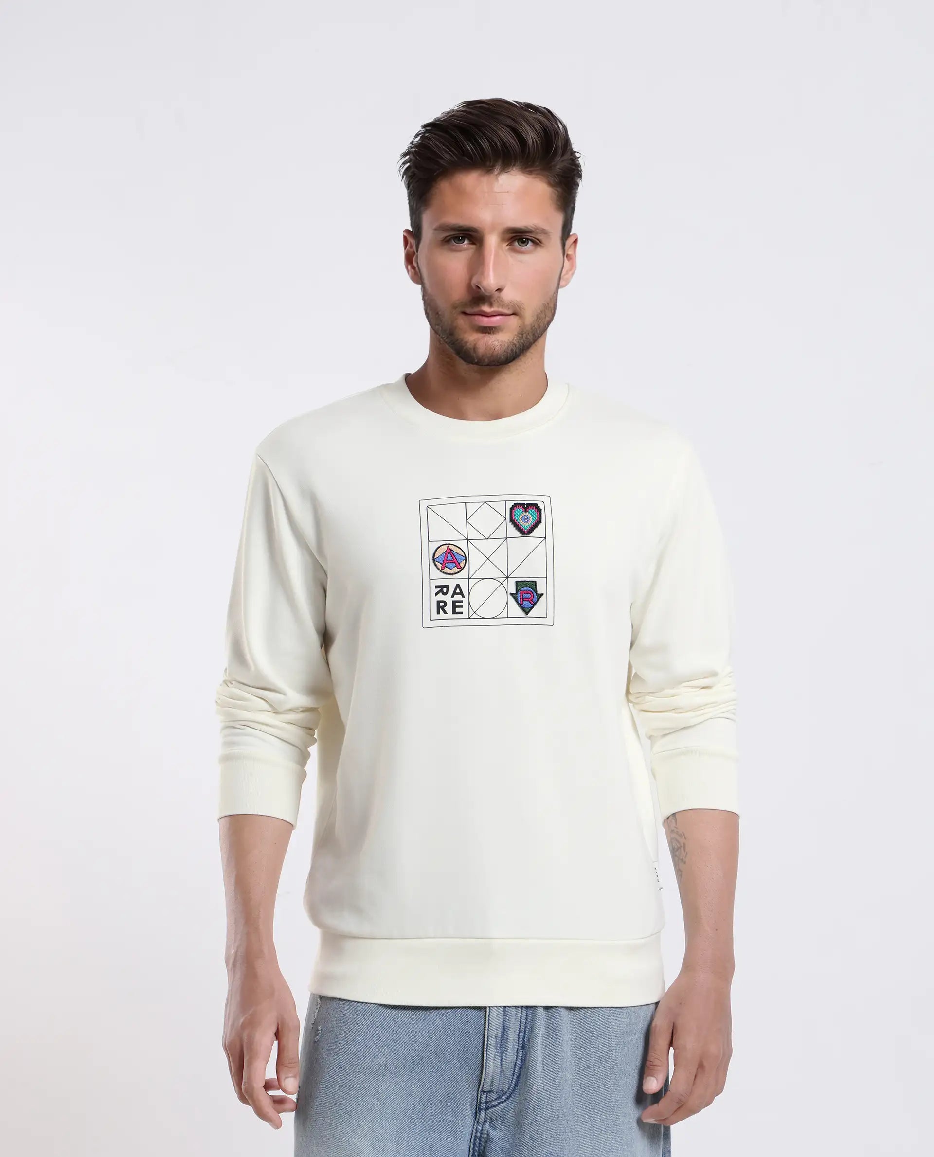 Rare Rabbit Men's Reso Off White Cotton Blend Typography Print Regular Fit Full Sleeve Crew Neck Sweatshirt