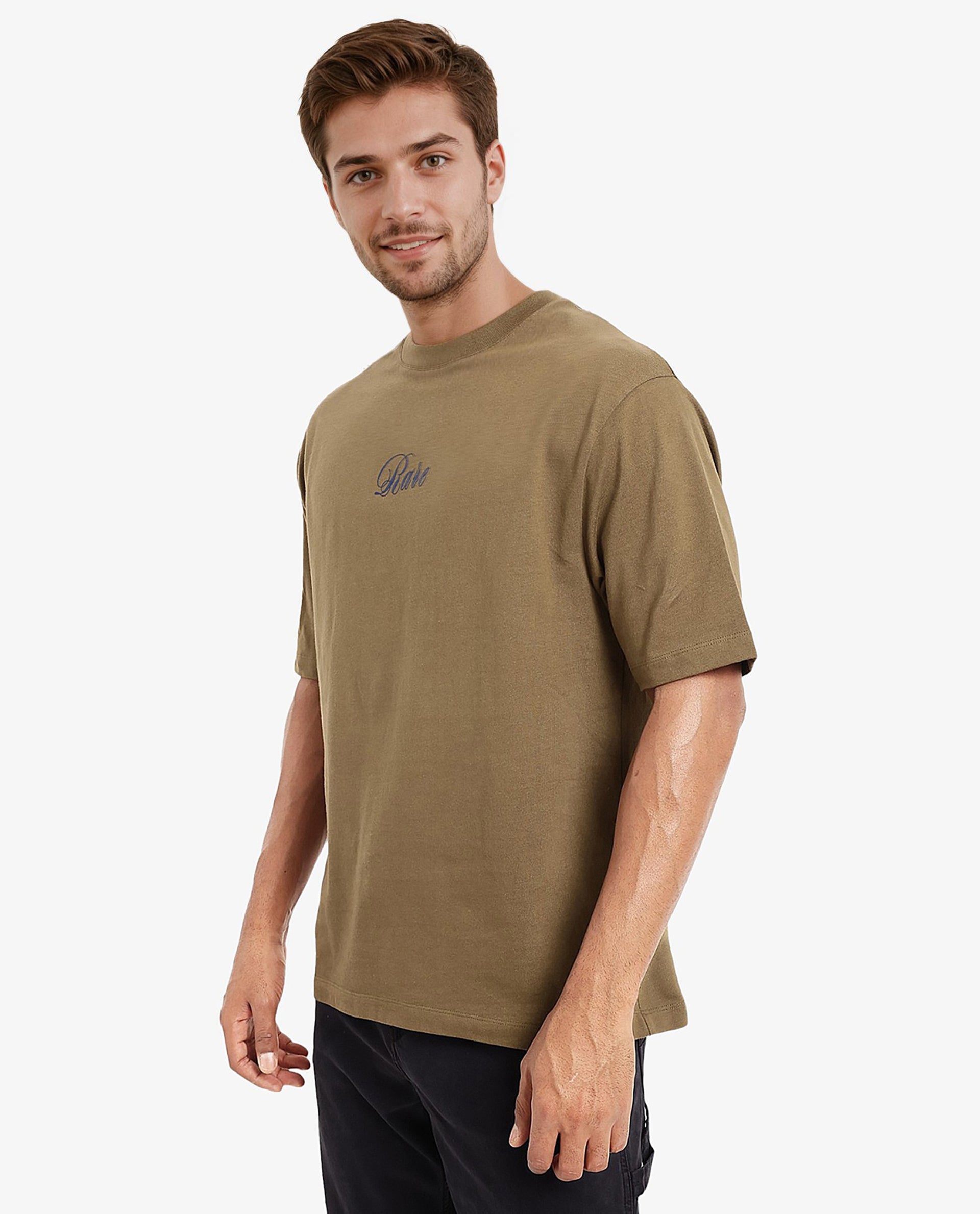 Rare Rabbit Men Reso Olive Cotton Fabric Short Sleeve Crew Neck Oversized Fit Back Graphic Print T-Shirt