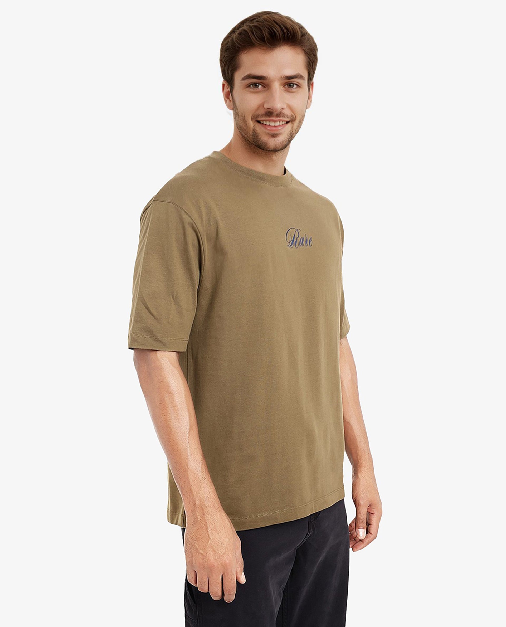 Rare Rabbit Men Reso Olive Cotton Fabric Short Sleeve Crew Neck Oversized Fit Back Graphic Print T-Shirt