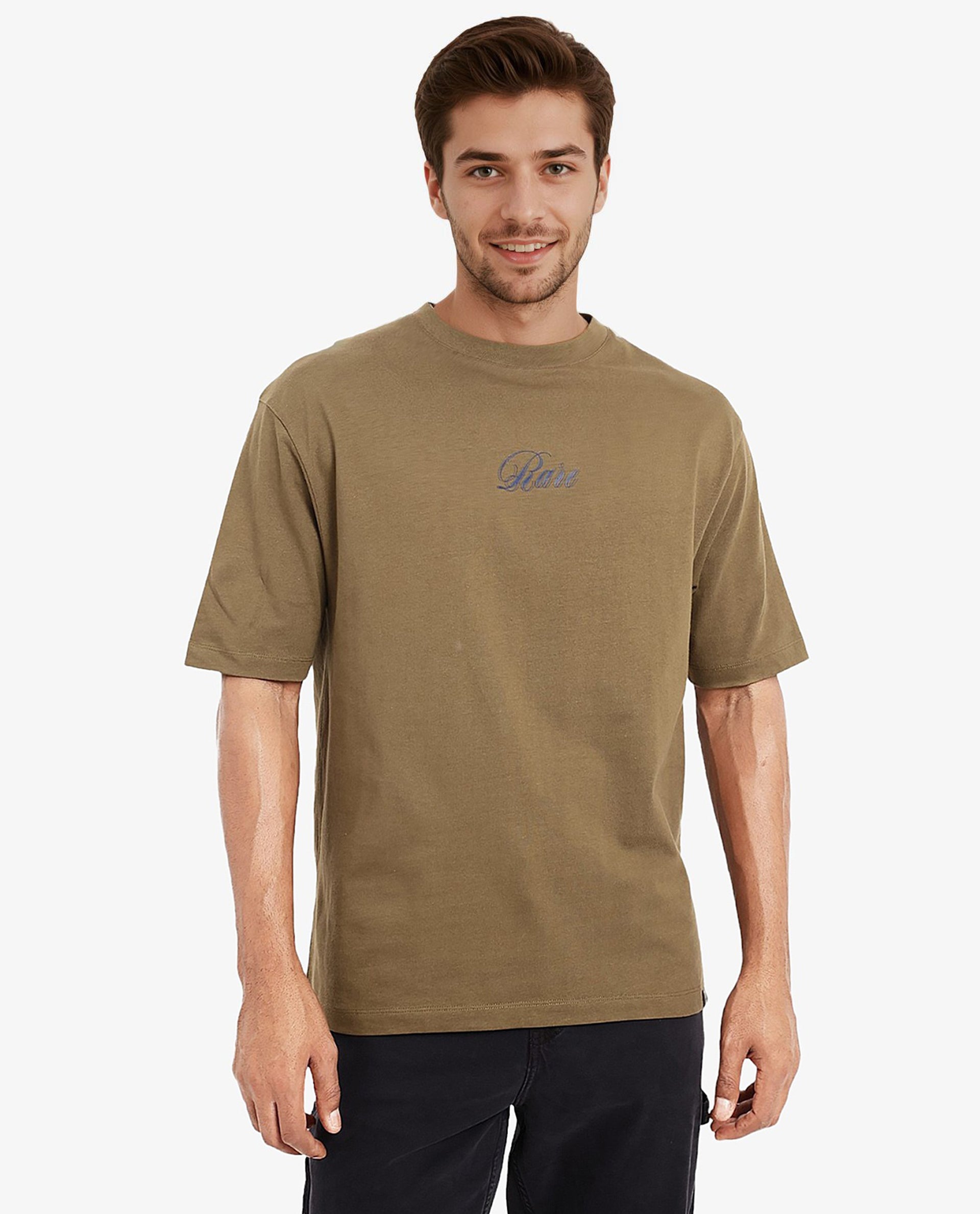 Rare Rabbit Men Reso Olive Cotton Fabric Short Sleeve Crew Neck Oversized Fit Back Graphic Print T-Shirt