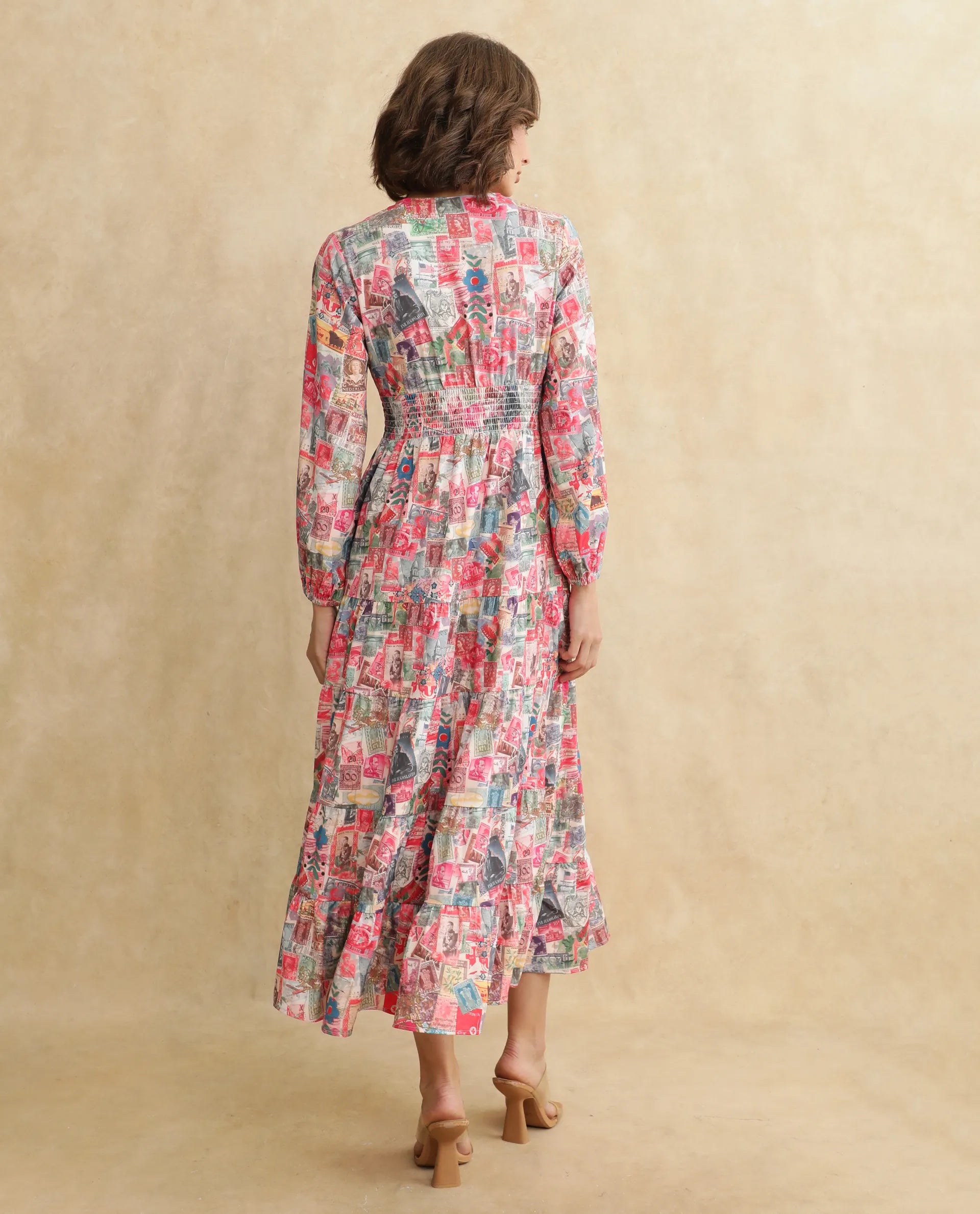 Rareism Women's Reting Light Multi Satin Fabric V-Neck Full Sleeve Object Print Fit And Flare Maxi Dress