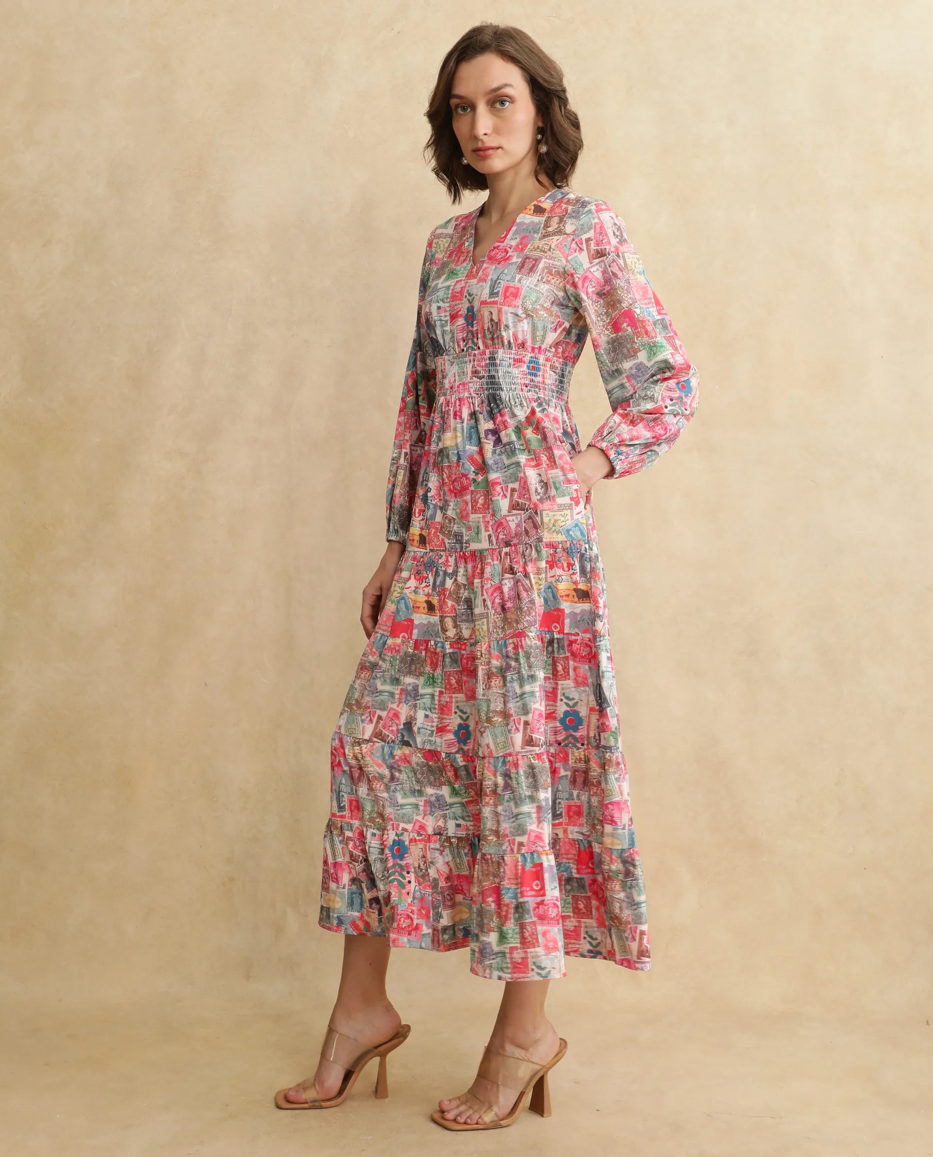 Rareism Women's Reting Light Multi Satin Fabric V-Neck Full Sleeve Object Print Fit And Flare Maxi Dress