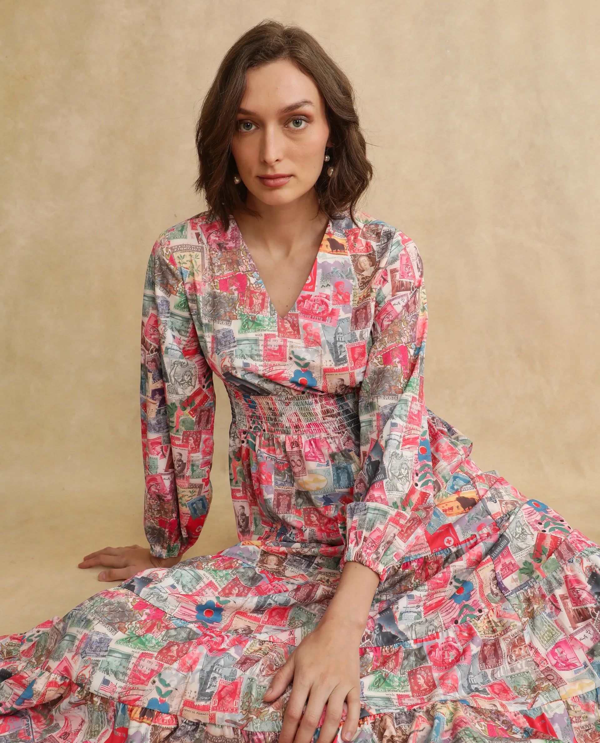 Rareism Women's Reting Light Multi Satin Fabric V-Neck Full Sleeve Object Print Fit And Flare Maxi Dress