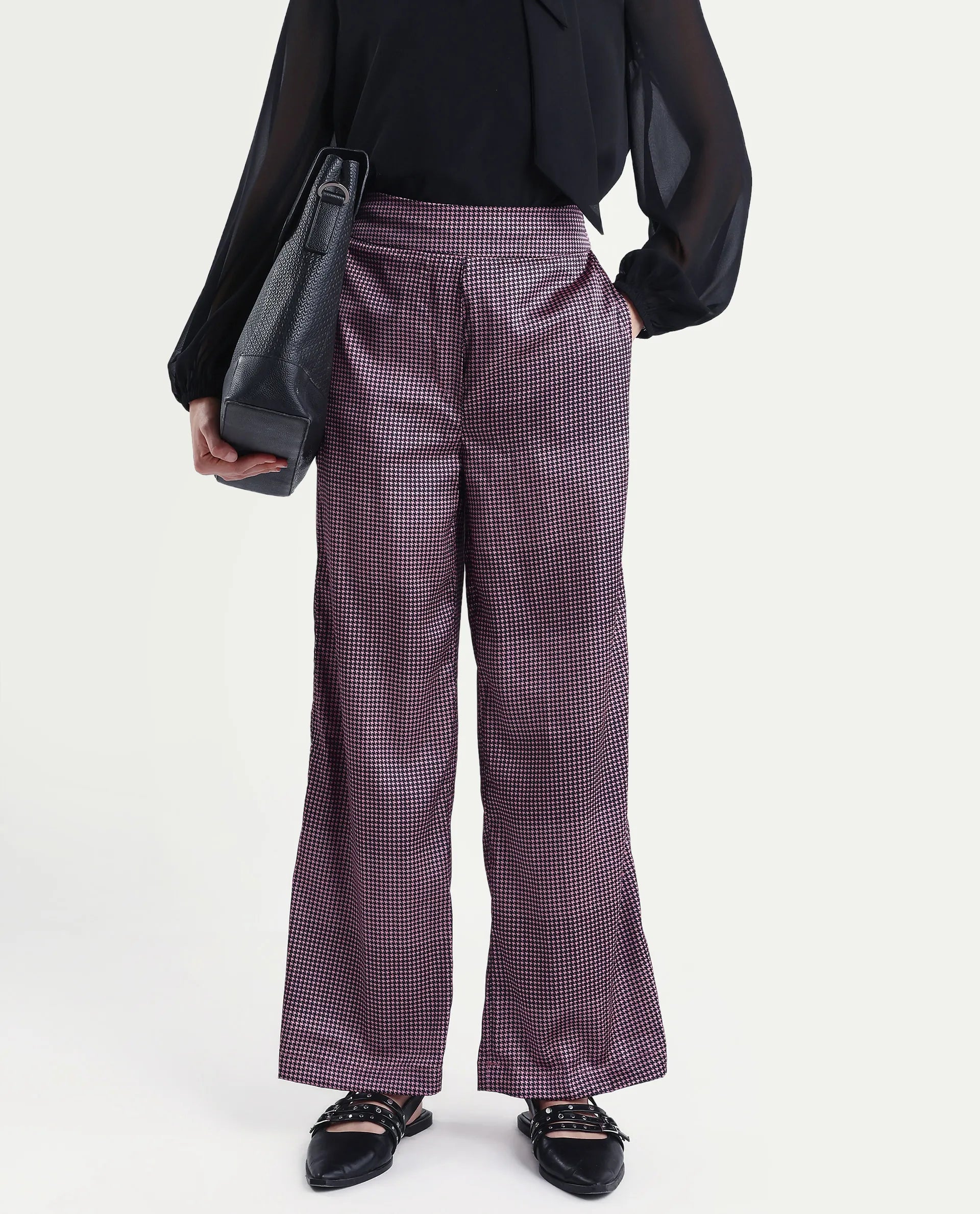 Rareism Women's Retre Multi Polyester Blend Houndstooth Print Ankle Length Straight Fit Trouser