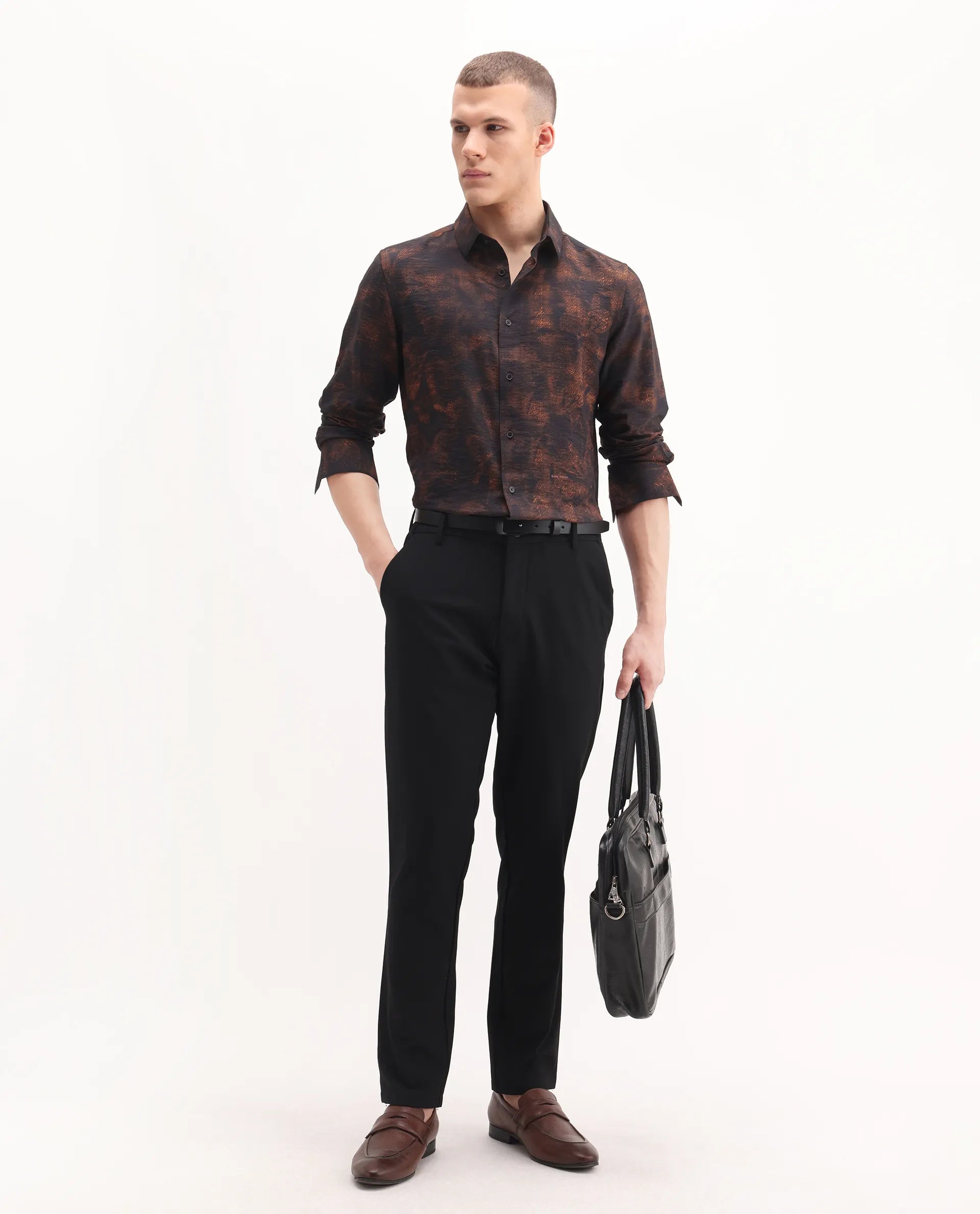 Rare Rabbit Men's Retro Dusky Brown Viscose Blend Abstract Print Regular Fit Full Sleeve Collared Shirt