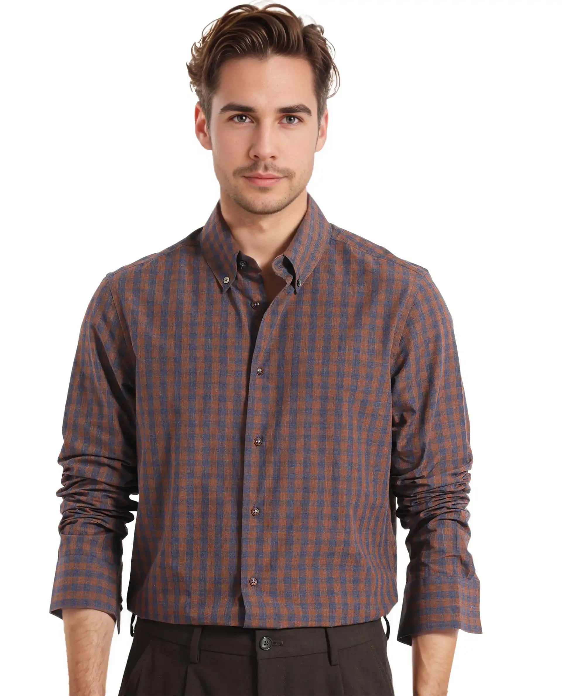 Rare Rabbit Men's Rettos Dark Brown Cotton Checked Print Regular Fit Full Sleeve Collared Shirt