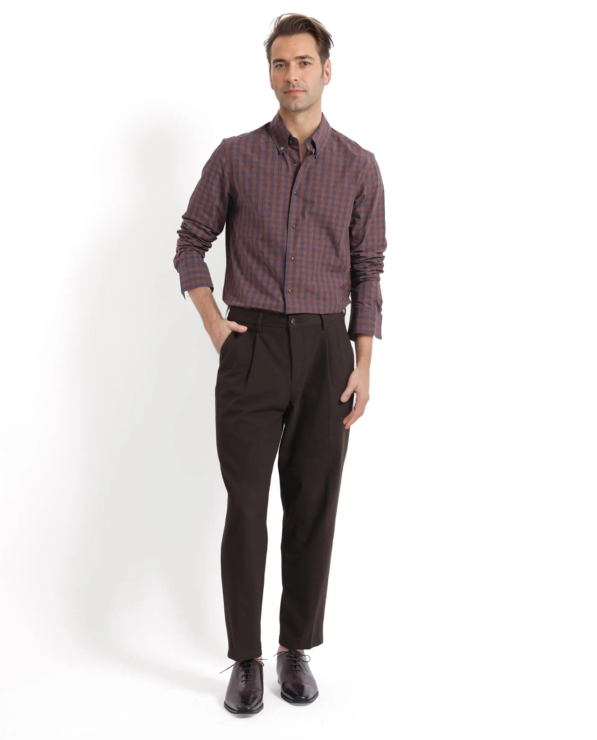 Rare Rabbit Men's Rettos Dark Brown Cotton Fabric Full Sleeve Collared Neck Regular Fit Checks Shirt