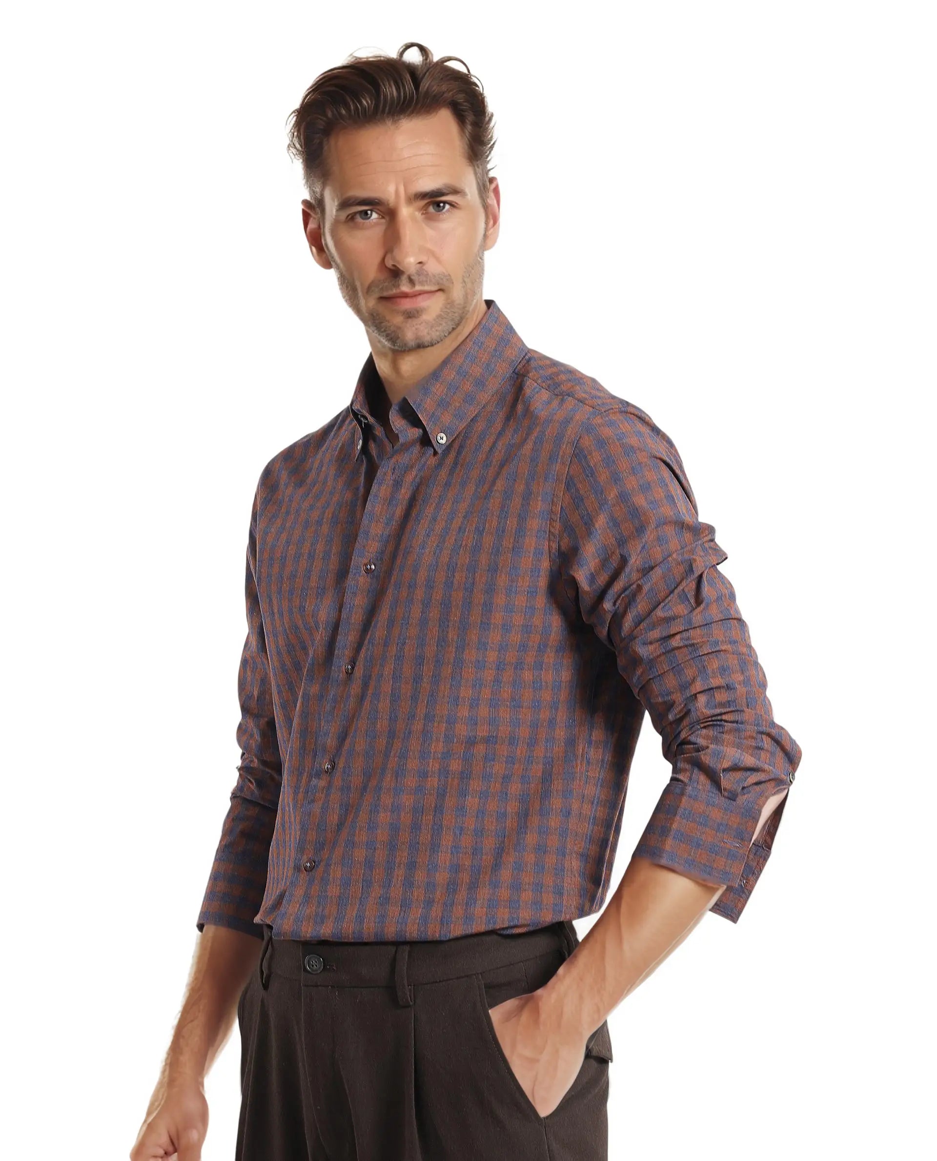 Rare Rabbit Men's Rettos Dark Brown Cotton Fabric Full Sleeve Collared Neck Regular Fit Checks Shirt