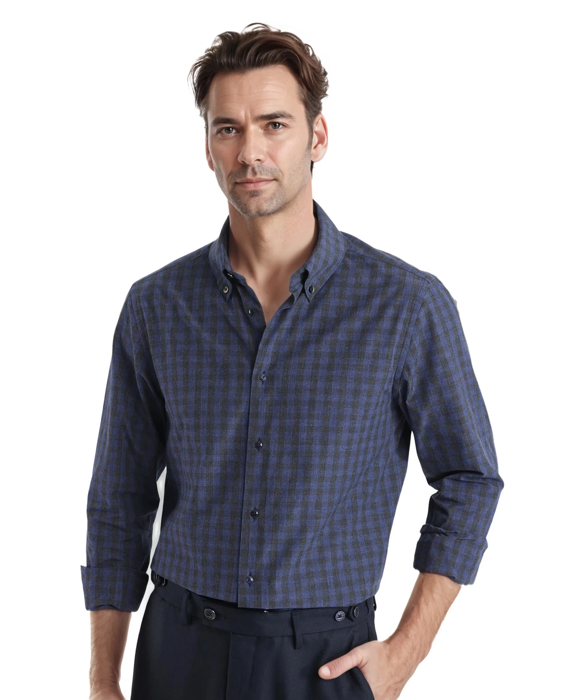 Rare Rabbit Men's Rettos Dark Navy Cotton Fabric Full Sleeve Collared Neck Oversized Fit Checks Shirt