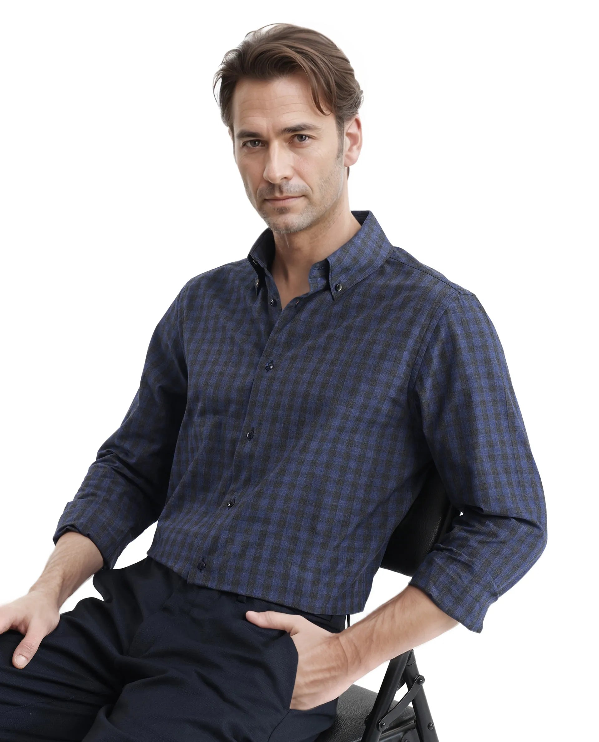 Rare Rabbit Men's Rettos Dark Navy Cotton Fabric Full Sleeve Collared Neck Oversized Fit Checks Shirt