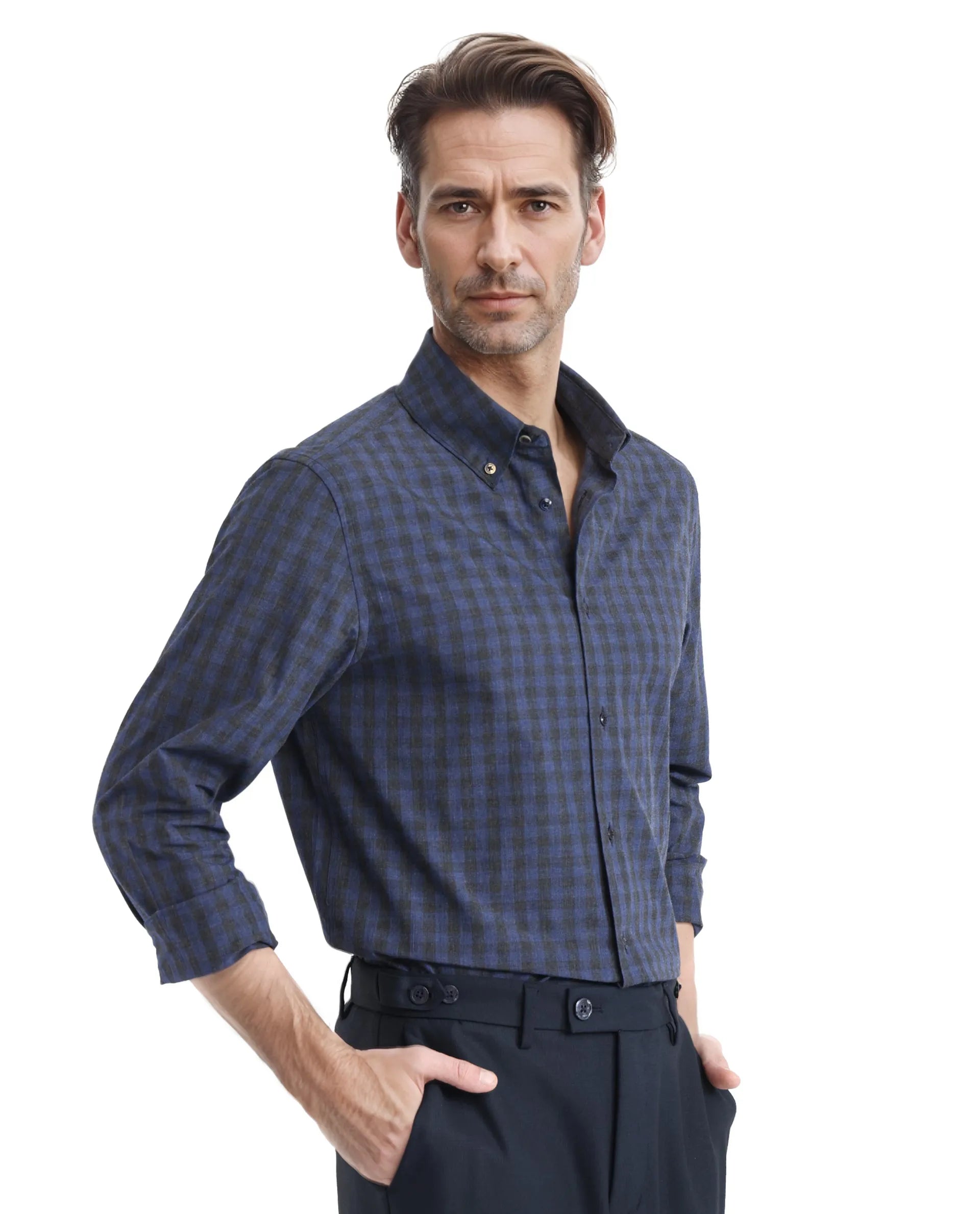 Rare Rabbit Men's Rettos Dark Navy Cotton Fabric Full Sleeve Collared Neck Oversized Fit Checks Shirt