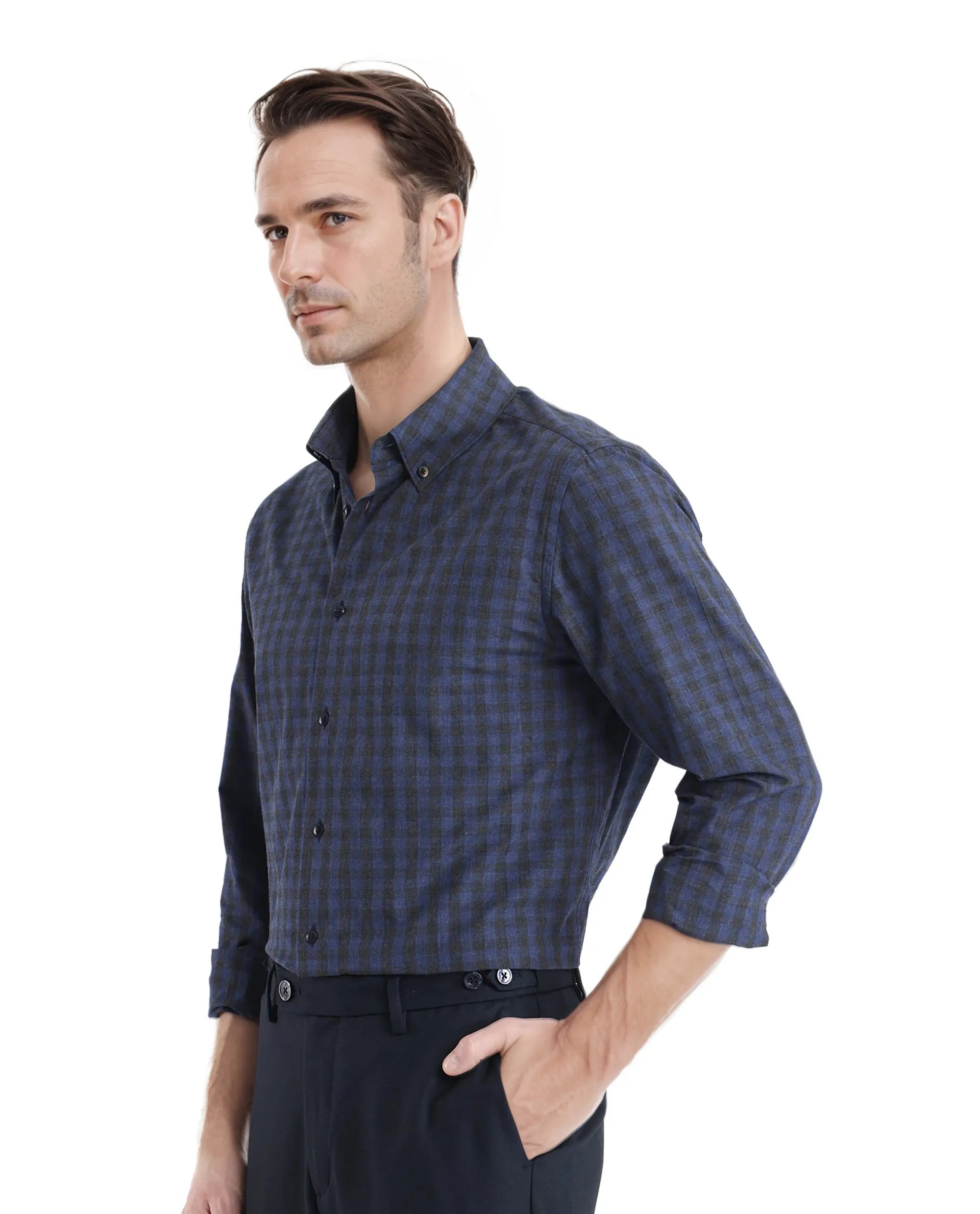 Rare Rabbit Men's Rettos Dark Navy Cotton Fabric Full Sleeve Collared Neck Oversized Fit Checks Shirt