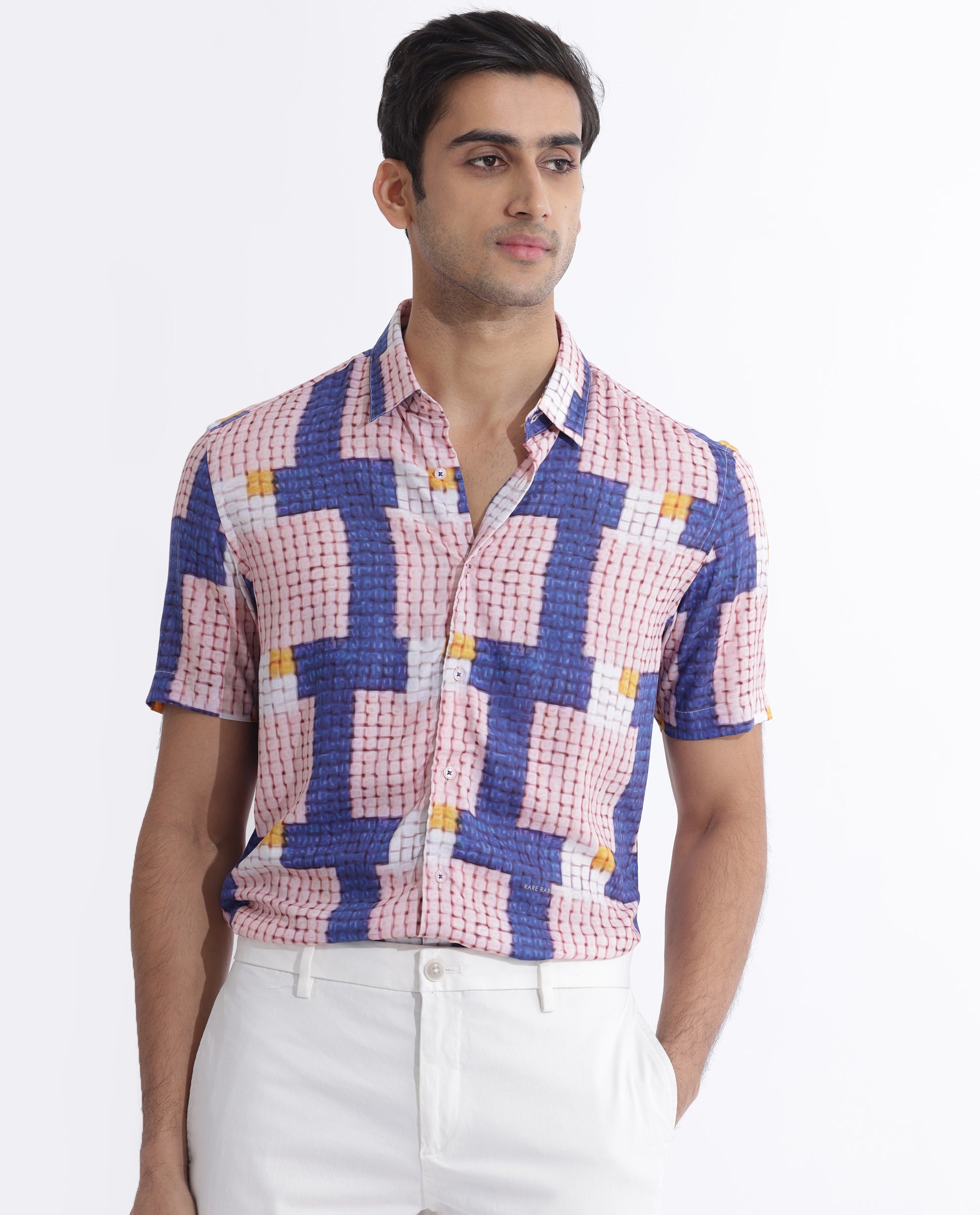 Rare Rabbit Men's Reusa Blue Viscose Fabric Abstract Print Half Sleeves Shirt