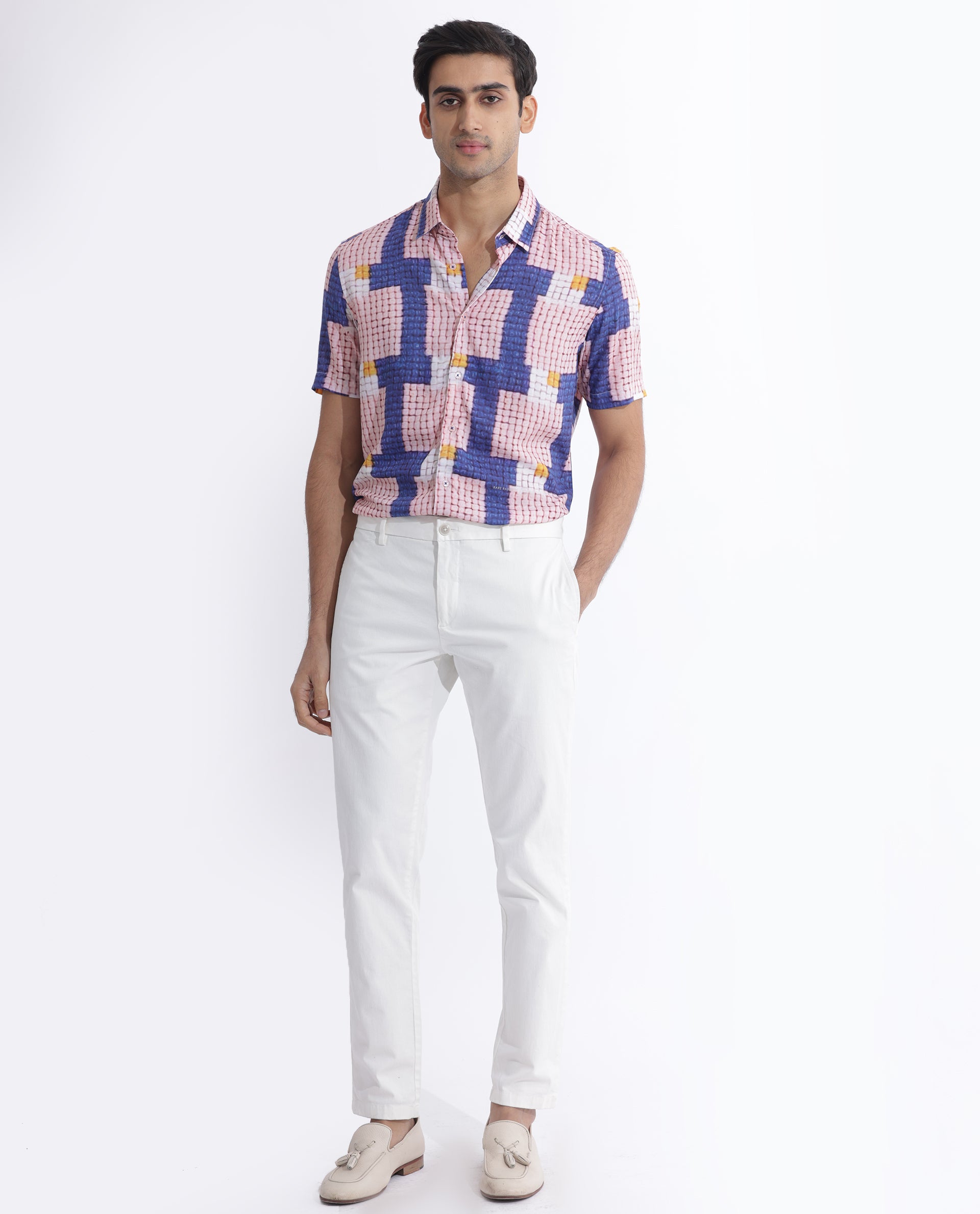 Rare Rabbit Men's Reusa Blue Viscose Fabric Abstract Print Half Sleeves Shirt