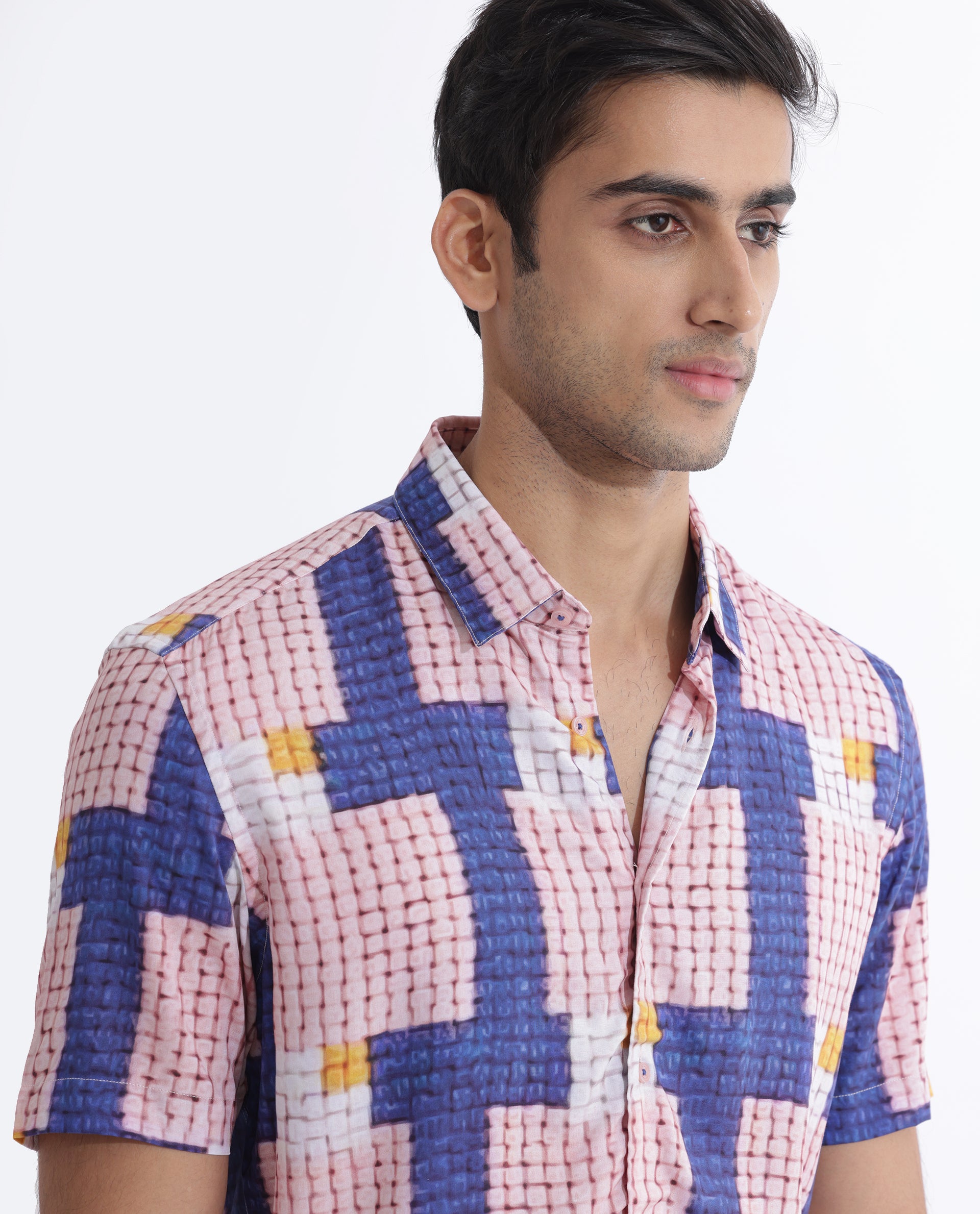 Rare Rabbit Men's Reusa Blue Viscose Fabric Abstract Print Half Sleeves Shirt