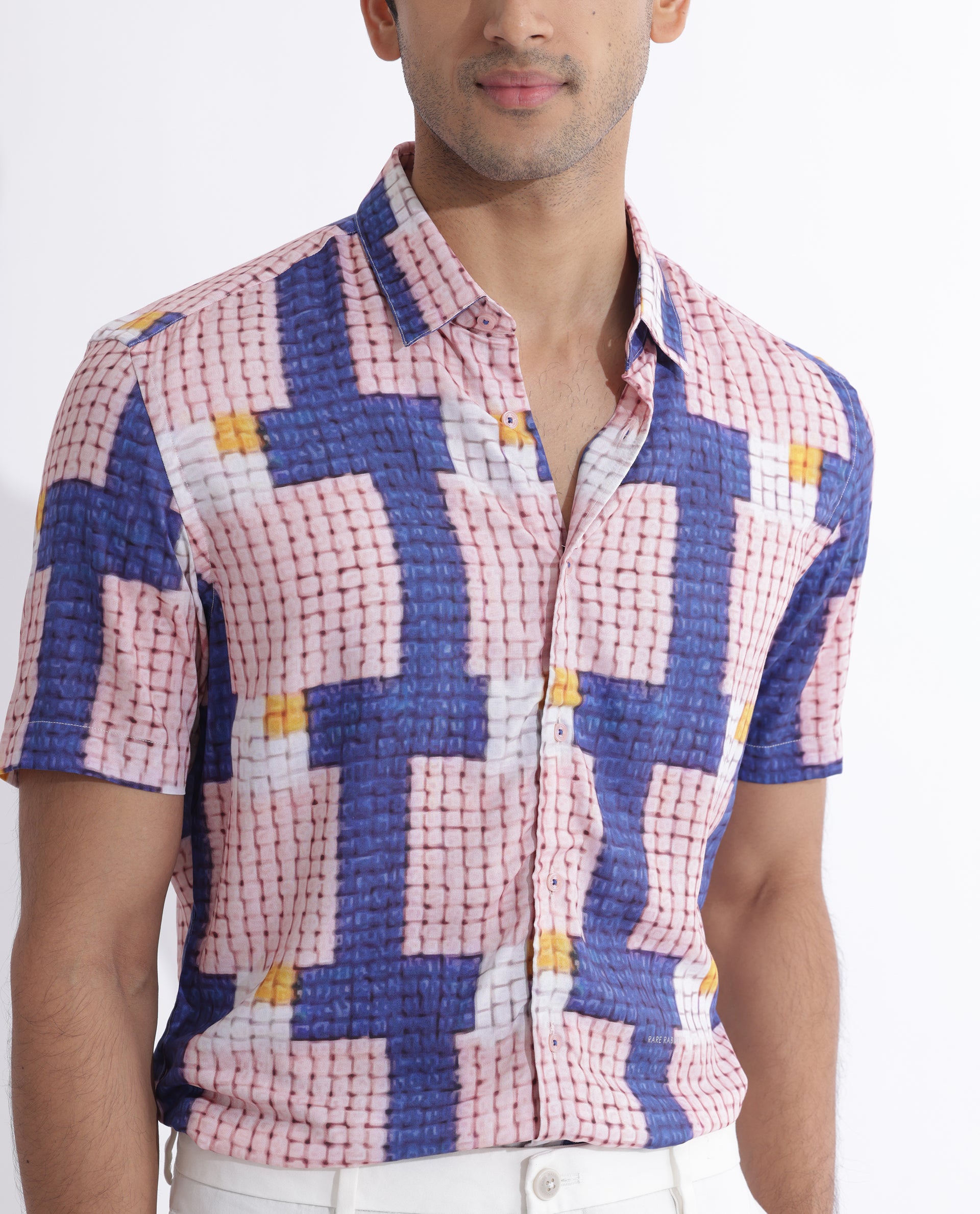 Rare Rabbit Men's Reusa Blue Viscose Fabric Abstract Print Half Sleeves Shirt