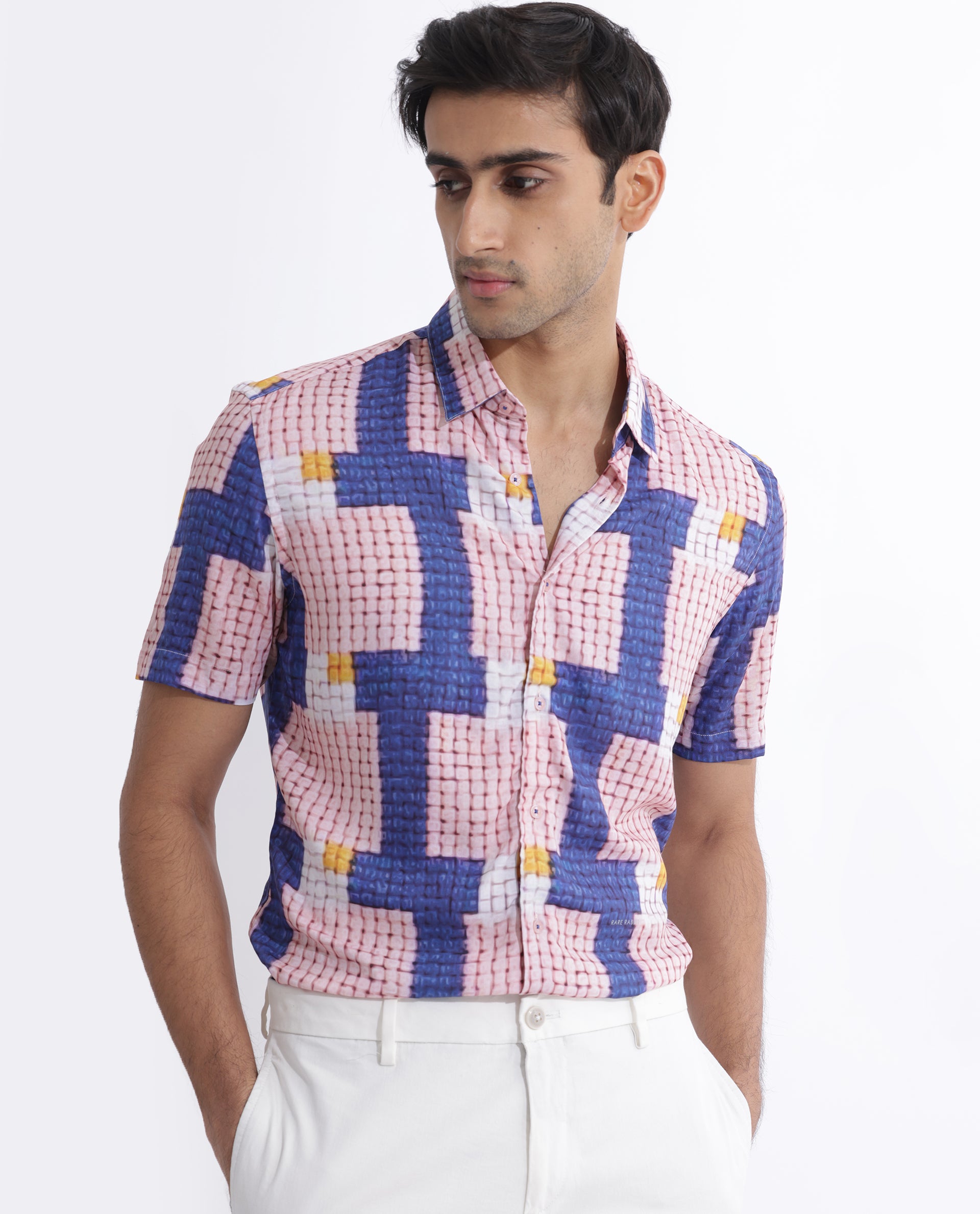 Rare Rabbit Men's Reusa Blue Viscose Fabric Abstract Print Half Sleeves Shirt