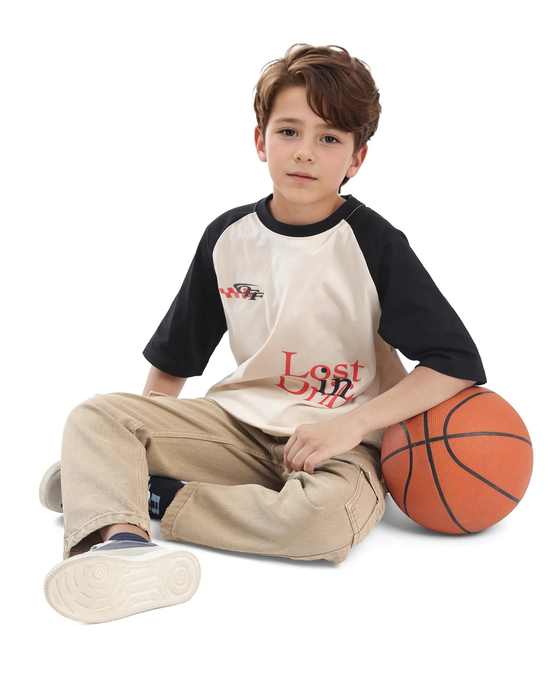 Rare Ones Kids Reva-K Light Beige Printed Slip-On Oversized Fit T-Shirt