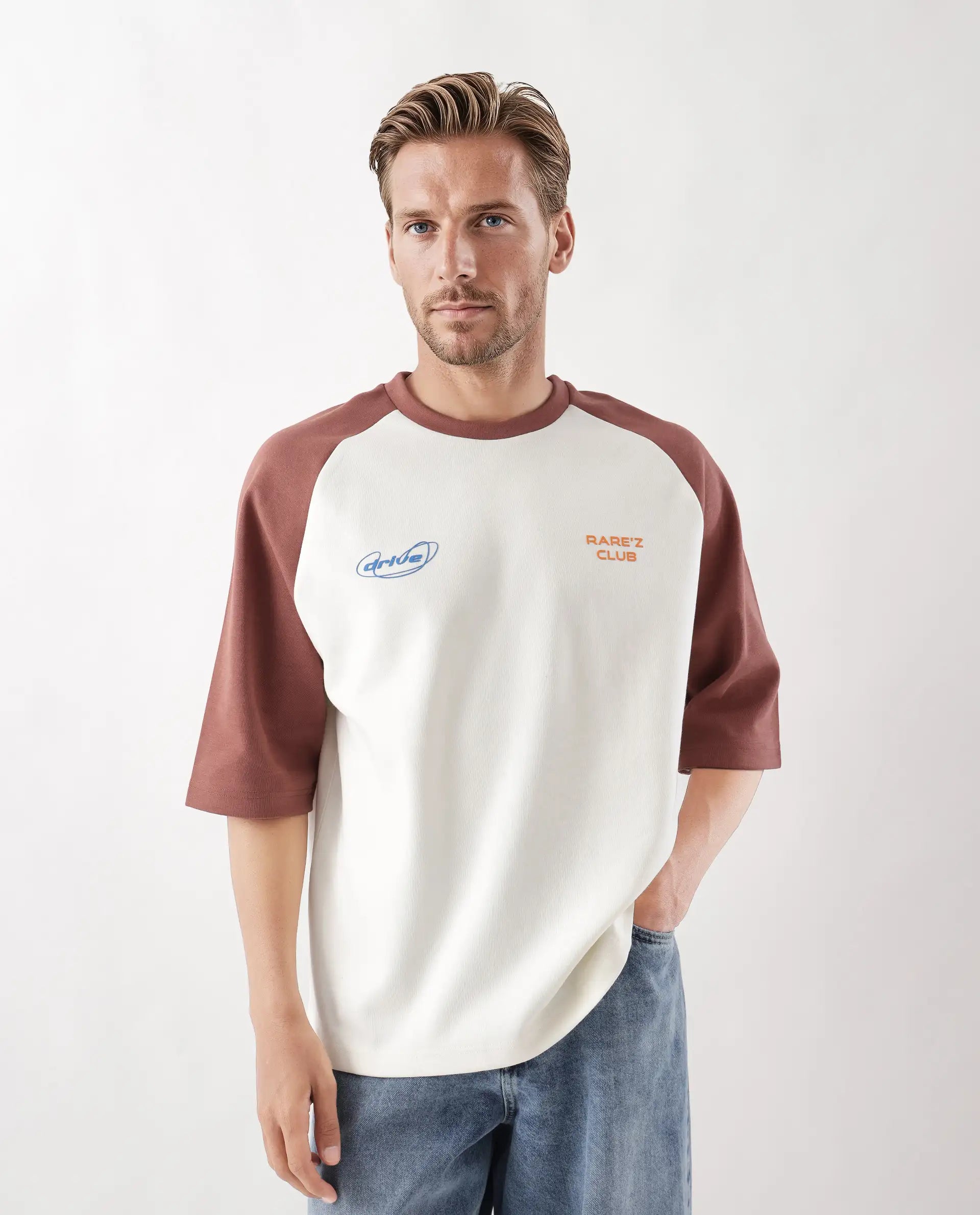 Rare Rabbit Men's Revalo Rust Cotton Blend Graphic Print Oversized Fit Half Sleeve Crew Neck T-Shirt