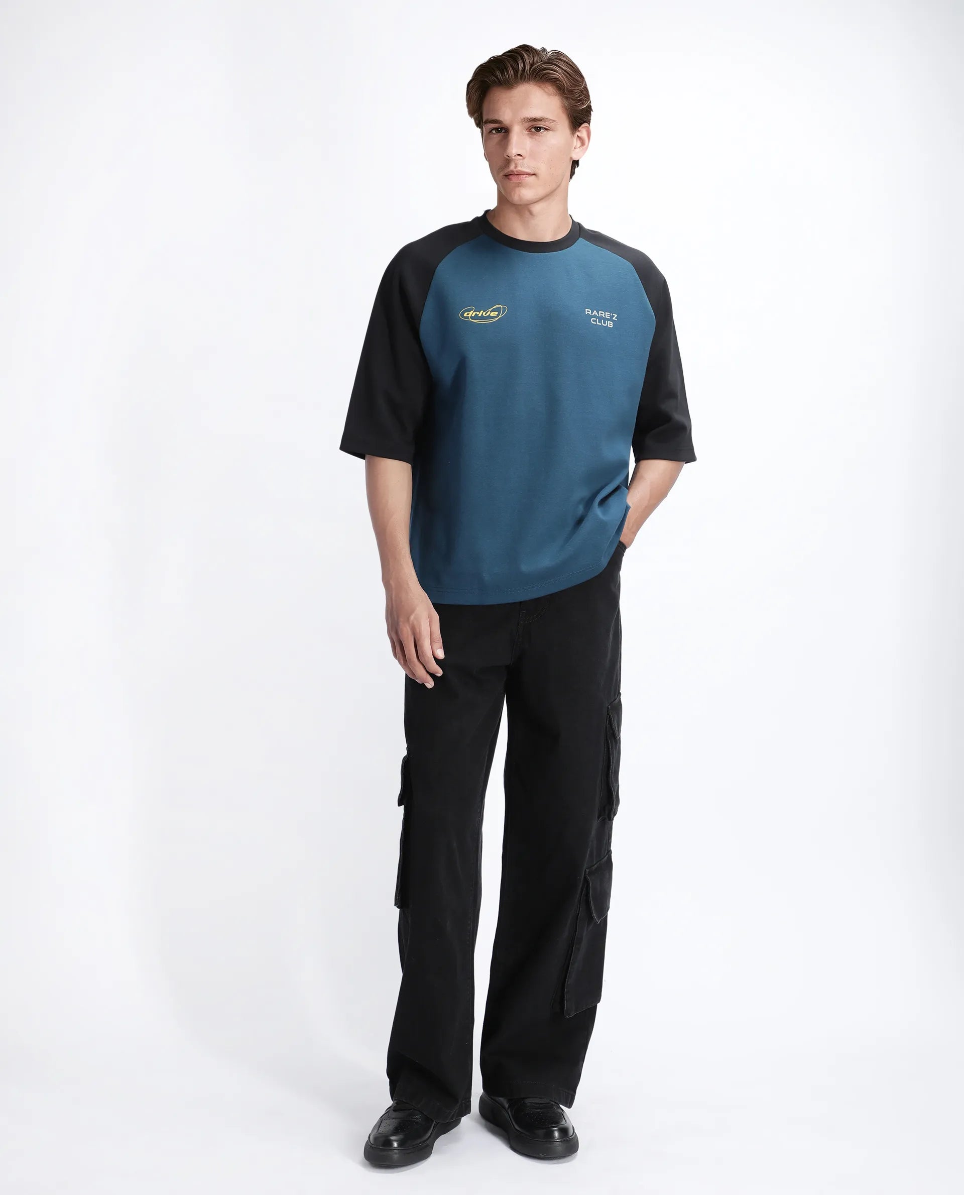 Rare Rabbit Men's Revalo Teal Cotton Blend Graphic Print Oversized Fit Half Sleeve Crew Neck T-Shirt