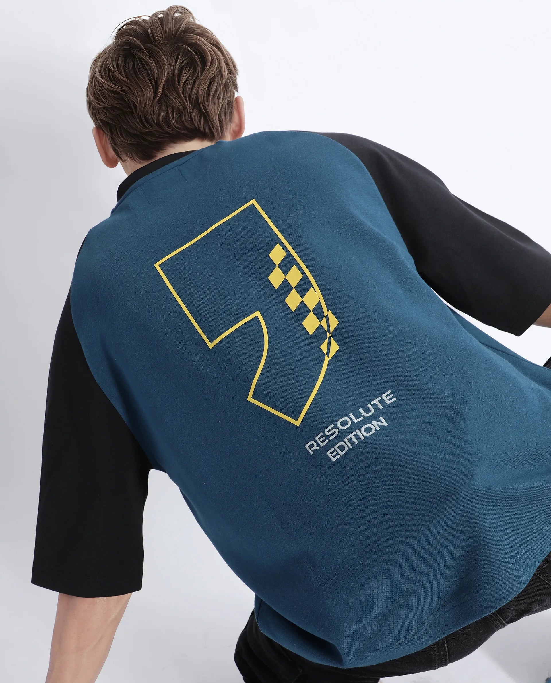 Rare Rabbit Men's Revalo Teal Cotton Blend Graphic Print Oversized Fit Half Sleeve Crew Neck T-Shirt