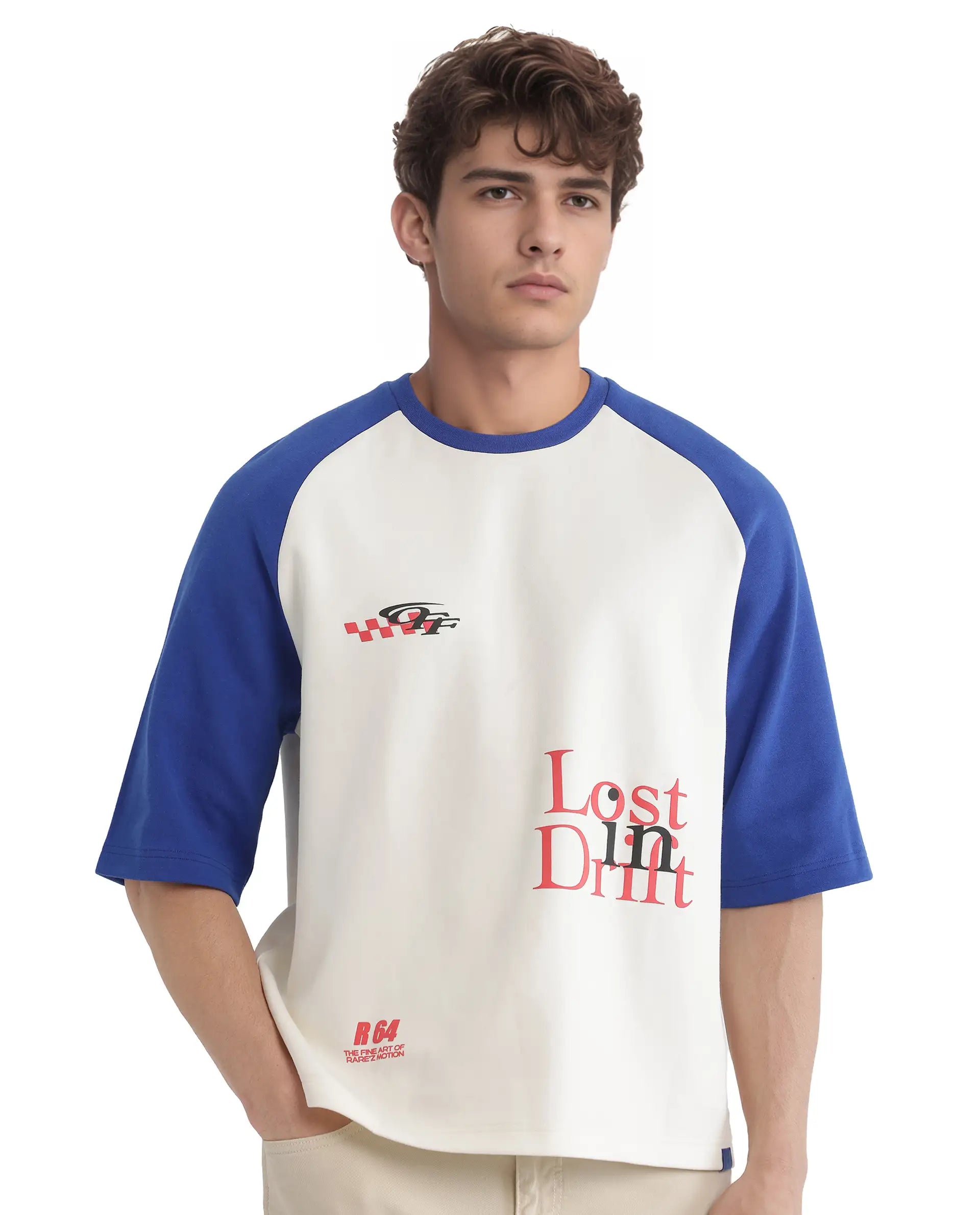 Rare Rabbit Men Reva Off White Cotton Poly Fabric Short Sleeve Crew Neck Oversized Fit HD Typography Print T-Shirt