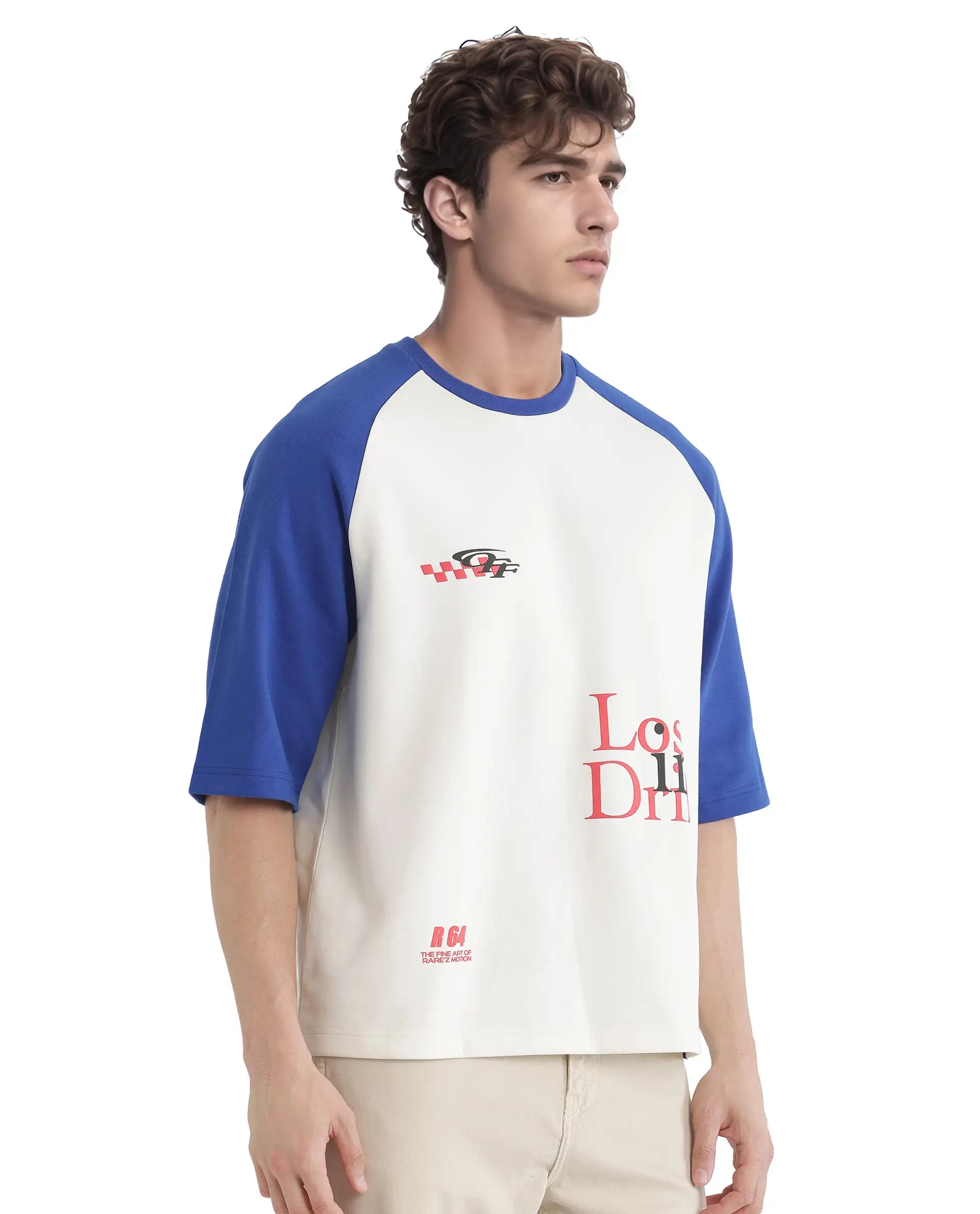 Rare Rabbit Men Reva Off White Cotton Poly Fabric Short Sleeve Crew Neck Oversized Fit HD Typography Print T-Shirt