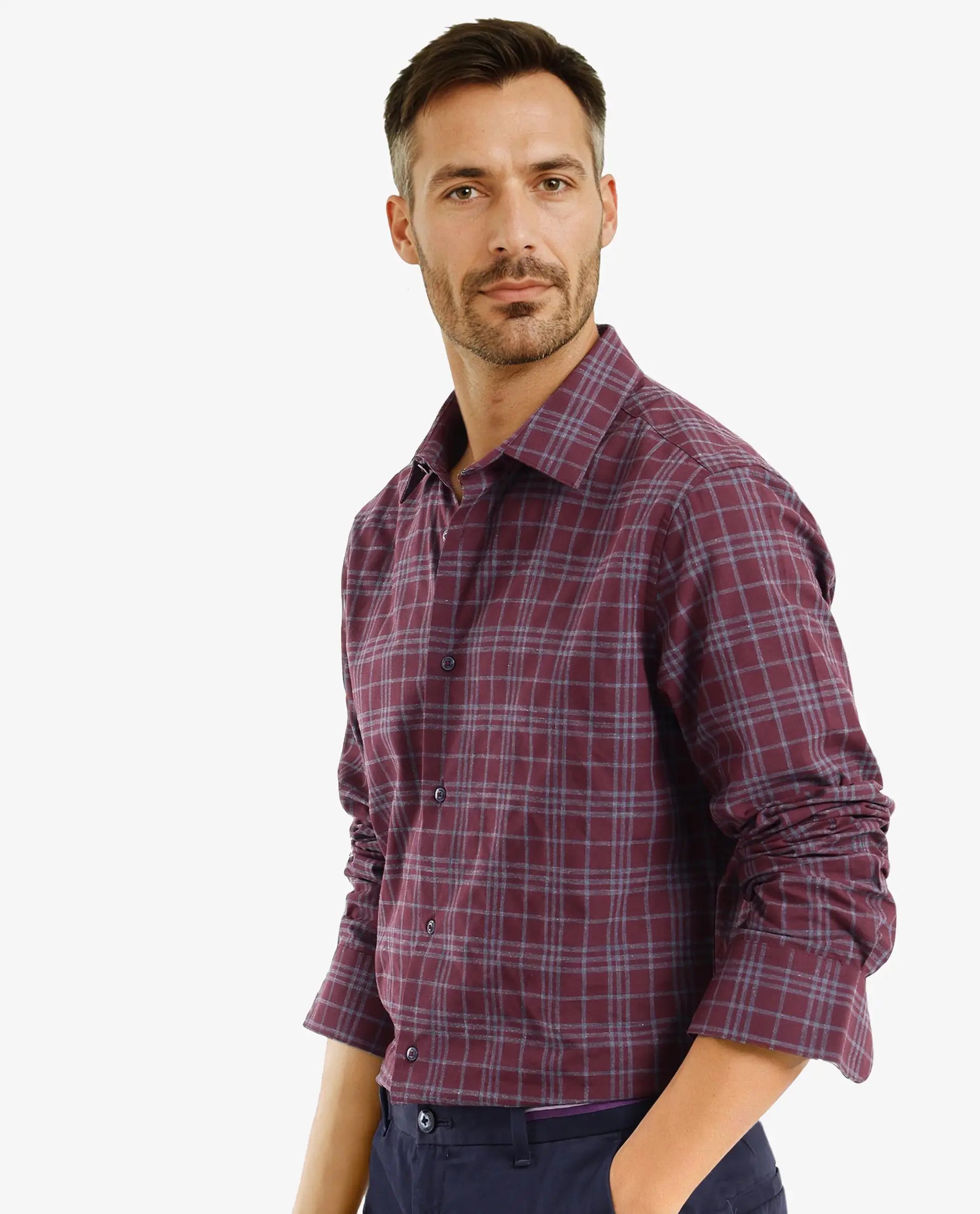 Rare Rabbit Men Revers Maroon Cotton Fabric Regular Collar Full Sleeve Regular Fit Check Shirt