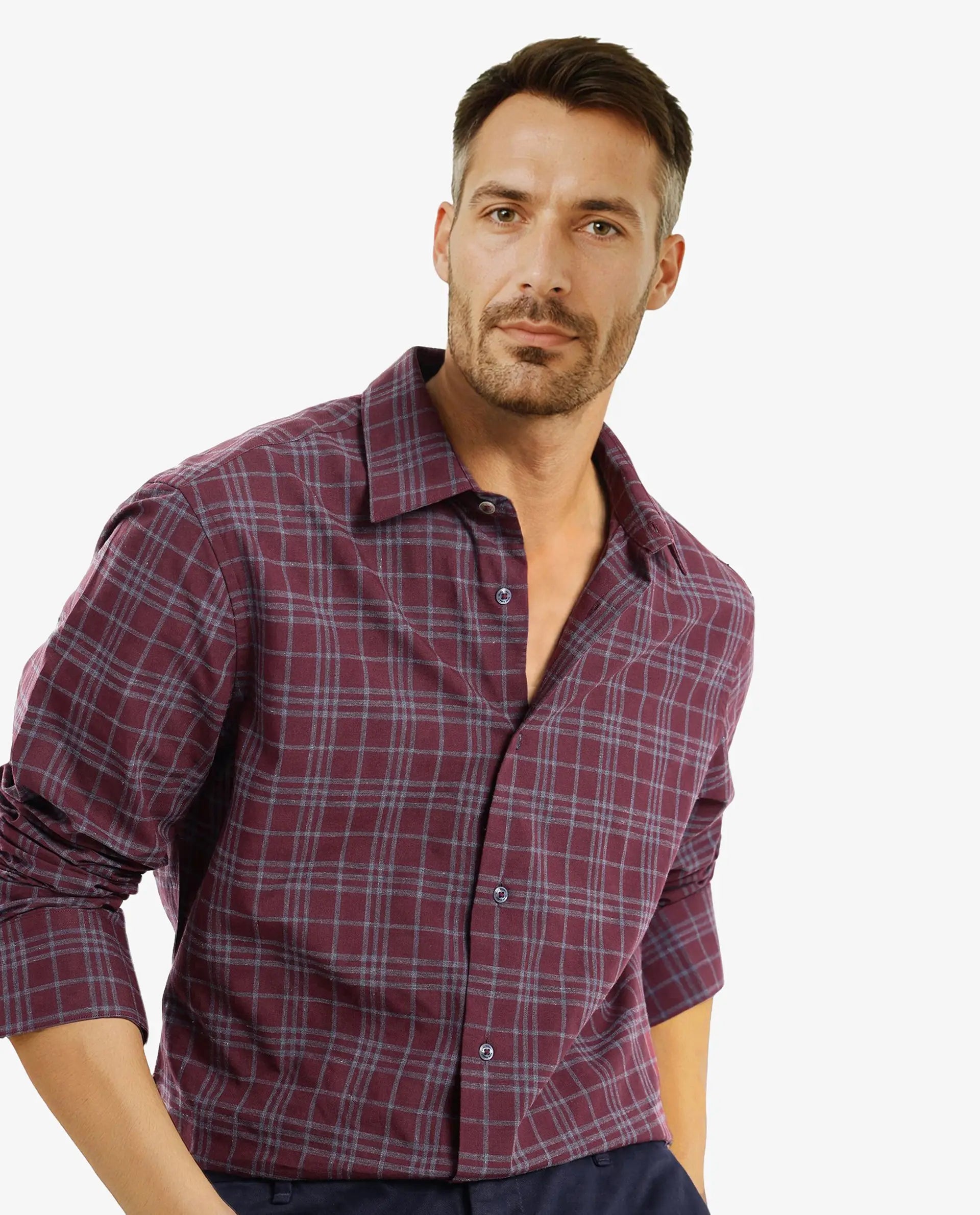 Rare Rabbit Men Revers Maroon Cotton Fabric Regular Collar Full Sleeve Regular Fit Check Shirt